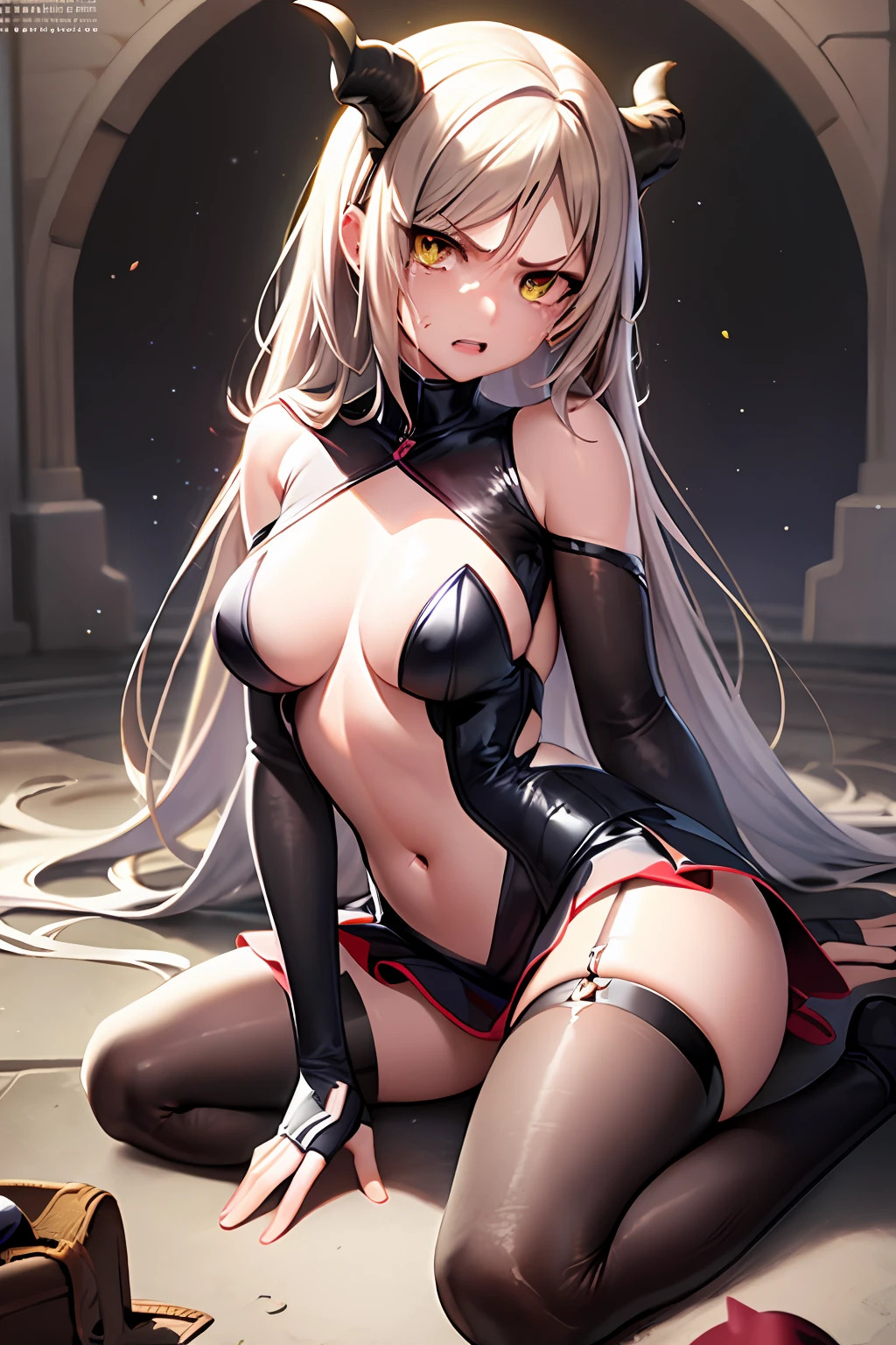 Hiding pants with skirt with hands between legs, girls front, very beautiful detailed anime face and eyes, realistic, focus on eyes, beautiful detailed full body, petite girl, baby, long hair, messy hair, crying bangs, disheveled hair, delicate face line, baby face, nice big eyes, flat_chest,, grand space, floating, divine light, absurd, Art book, highly detailed 8K wallpaper, breasts are big, absolute area, good style, big eyes, eyes are clean, background is fantastic, focus on eyes, eyes are shy, eyes hanging eyes, octoed, angry, cool, top quality, very detailed images, eyes melting, enchanting, inviting, flushed, brown, tanned, double teeth, seductive, 3DCG, zero-chan art, horns like a succubus, yellow eyes, the whole body is visible,