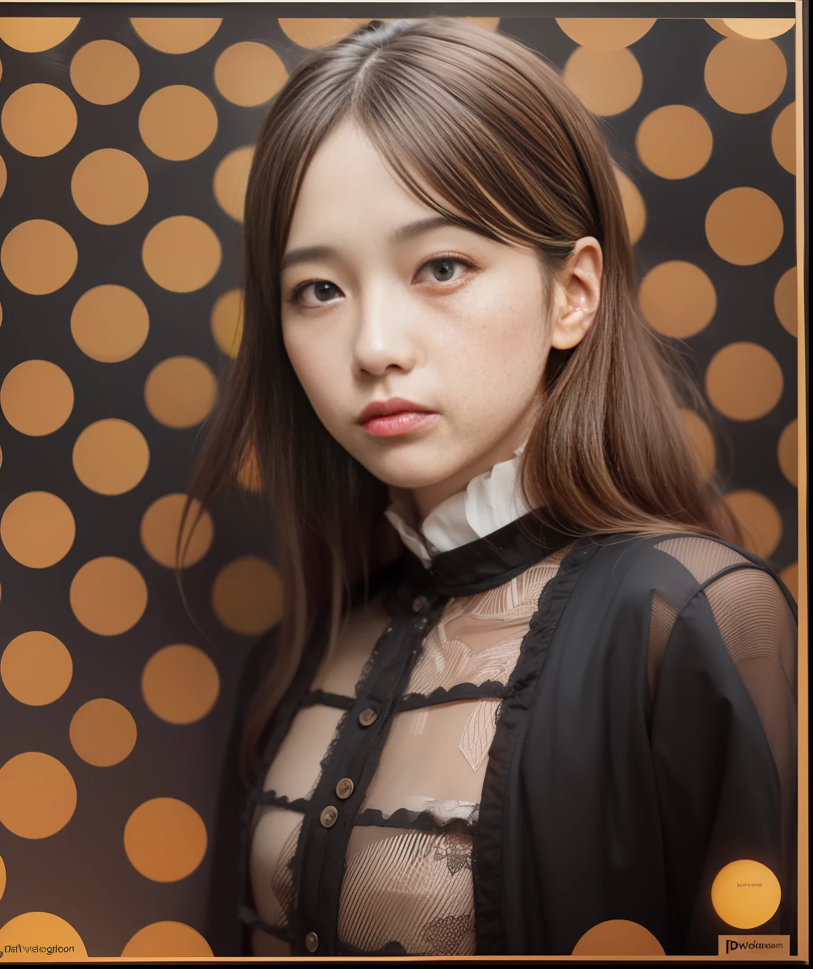 davidetton photography of julia anderson, in the style of pop-inspired realism, optical illusionism, dots and lines, flat illustrations, dark yellow and red, genderless, hallyu, close-up