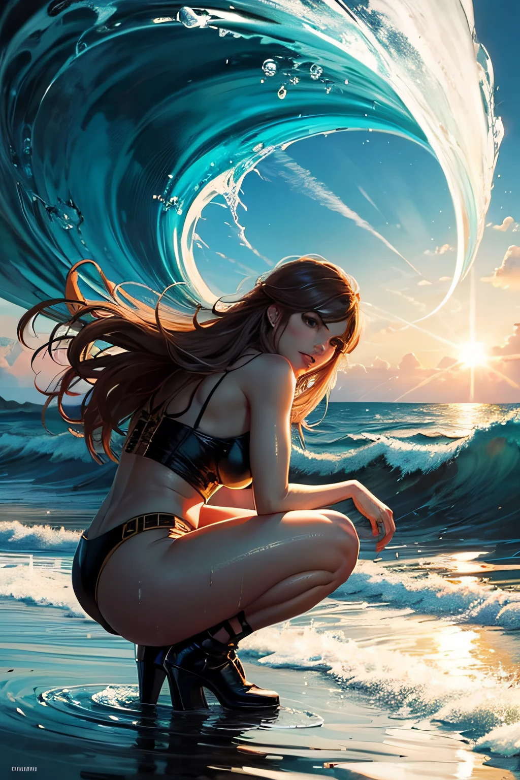 stormy sunset reddish sky, abstract rough waves, concept art, skin wet with water, water droplets, bubbles and wave foam, beautiful squatting woman back view with legs apart, masterpiece art, aphrodite in rococo style, maximum detailed digital painting, portrait, blue and gold, rutkowski style, full body, beautiful full-body Caucasian girl close-up, oil painting, Looks pretty, movie scene, perfect face, perfect symmetrical eyes, by Valent10179, masterpiece, surreal, sharp focus, ultra detailed, studio light, Eduard Fridrih Leibold, Ernst Haeckel, Jean Metzinger, cubist art, relief relief, Mucha, complementary colors, stormy reddish sky at sunset, abstract rough waves, concept art, skin wet with water, water droplets, bubbles and wave foam, beautiful full-body Caucasian girl foreground, oil painting, stormy sunset reddish sky, abstract rough waves, concept art, skin wet with water, water droplets, bubbles and wave foam, full body, light coquettish smile, filigree