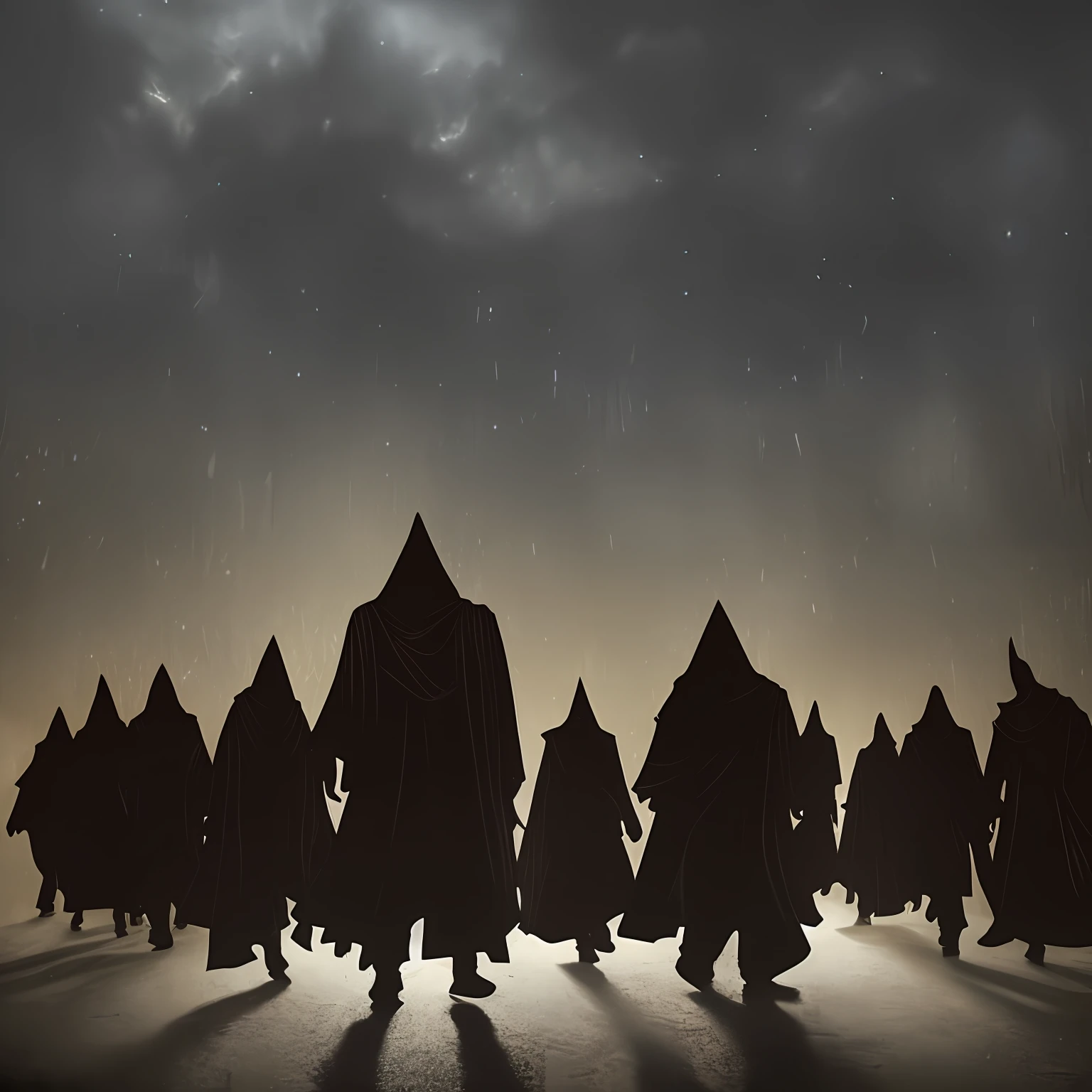 I challenge you to create an impactful and mysterious illustration depicting various hooded silhouettes in a completely dark setting. In this scene, all silhouettes should have only visible white eyes, shining brightly in the darkness. The main highlight is the eyes, conveying an enigmatic and powerful aura.
The scenery is enveloped by absolute darkness, with no visible detail other than white eyes. There is no information about the surrounding environment, only a dark vastness that emphasizes the mystery and feeling of being something beyond the reach of human understanding.
The number of hooded silhouettes must be significant, suggesting a large congregation or sect. They can be arranged in different positions, some closer to the camera, while others get lost in the distance. This variation in size and position increases the sense of a numerous and powerful presence.
Silhouettes should have sharp and well-defined outlines, standing out in contrast to the totally dark background. The shape of the hoods should be noticeable, enveloping the faces and leaving only the white eyes exposed. The eyes should shine with intensity, conveying a supernatural mystery and an unsettling energy.
Remember to use shadows and subtle lights to accentuate the contours and depth of the silhouettes. This will create an even more intriguing atmosphere and amplify the sense of mysterious presence.
Let your creativity flow as you create this stunning and mystery-filled illustration. The goal is to convey the feeling of a numerous group of hooded beings, whose white eyes are the only visible feature in the midst of total darkness, evoking an aura of mystery and power. --auto