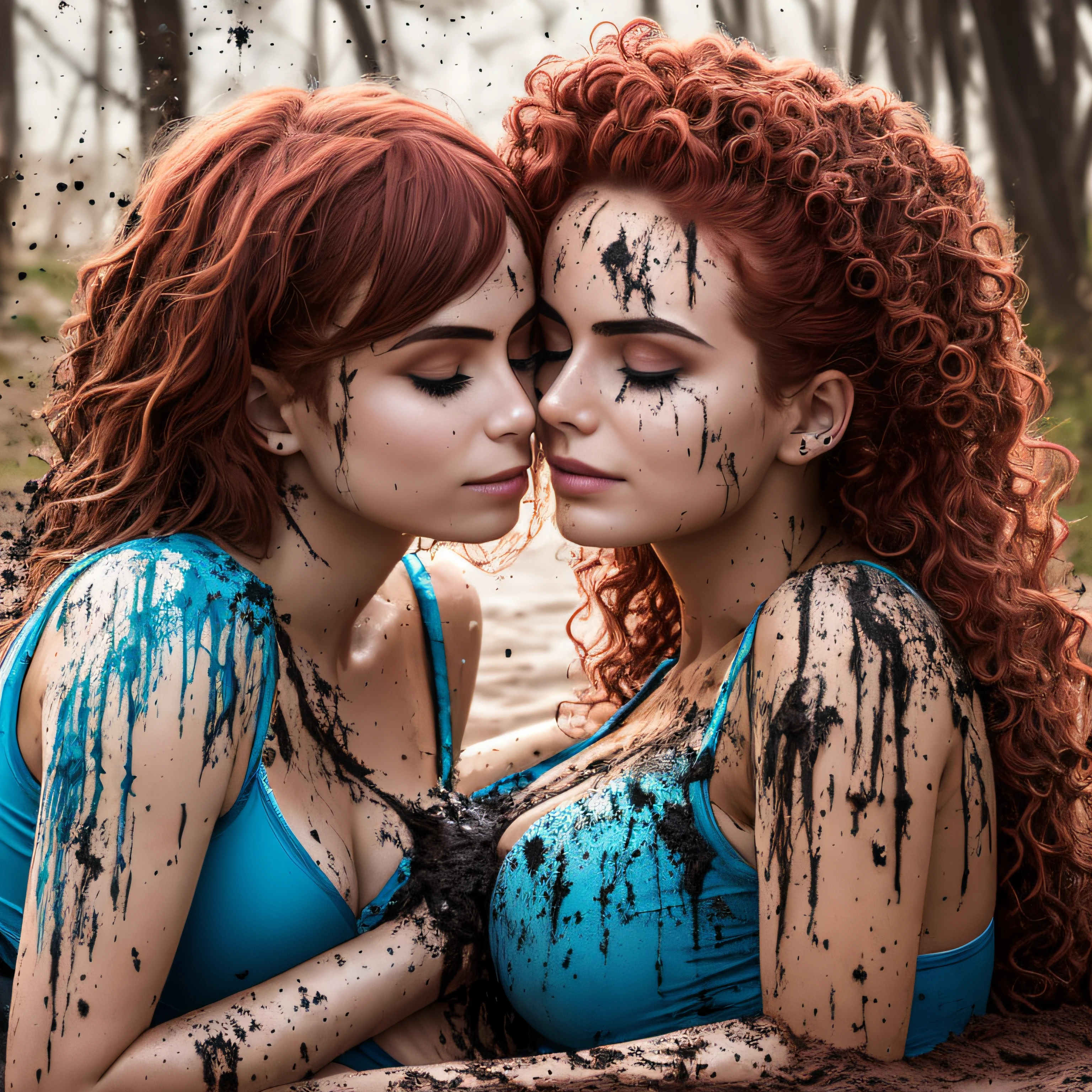 Hyperrealistic photography of two women kissing, in the pool filled with mud, thong, 30-year-old women smeared with mud, Lena Meyer Landrut, dance pose, light blue underbust corset smeared with mud, ruffles, black tulle skirt smeared with mud, light blue high heels sandals smeared with mud, black fishnet tights, the entire body, red curly hair and clothes are smeared with mud, high quality, realistic lighting, center of the image, hourglass proportions, 8k, HDR, BDSM, medium chest size, long legs, tinted, professional photography of a woman, natural skin texture smeared with a lot of mud, 4K textures, Adobe Lightroom, Photolab, HDR, intricate, elegant, very detailed, sharp focus, insane details, intricate details, hyper-detailed, bright cinema light, outdoor atmosphere, chin pulled up, (exposed belly: 1.8 ), (long-distance), dominant Facial expression