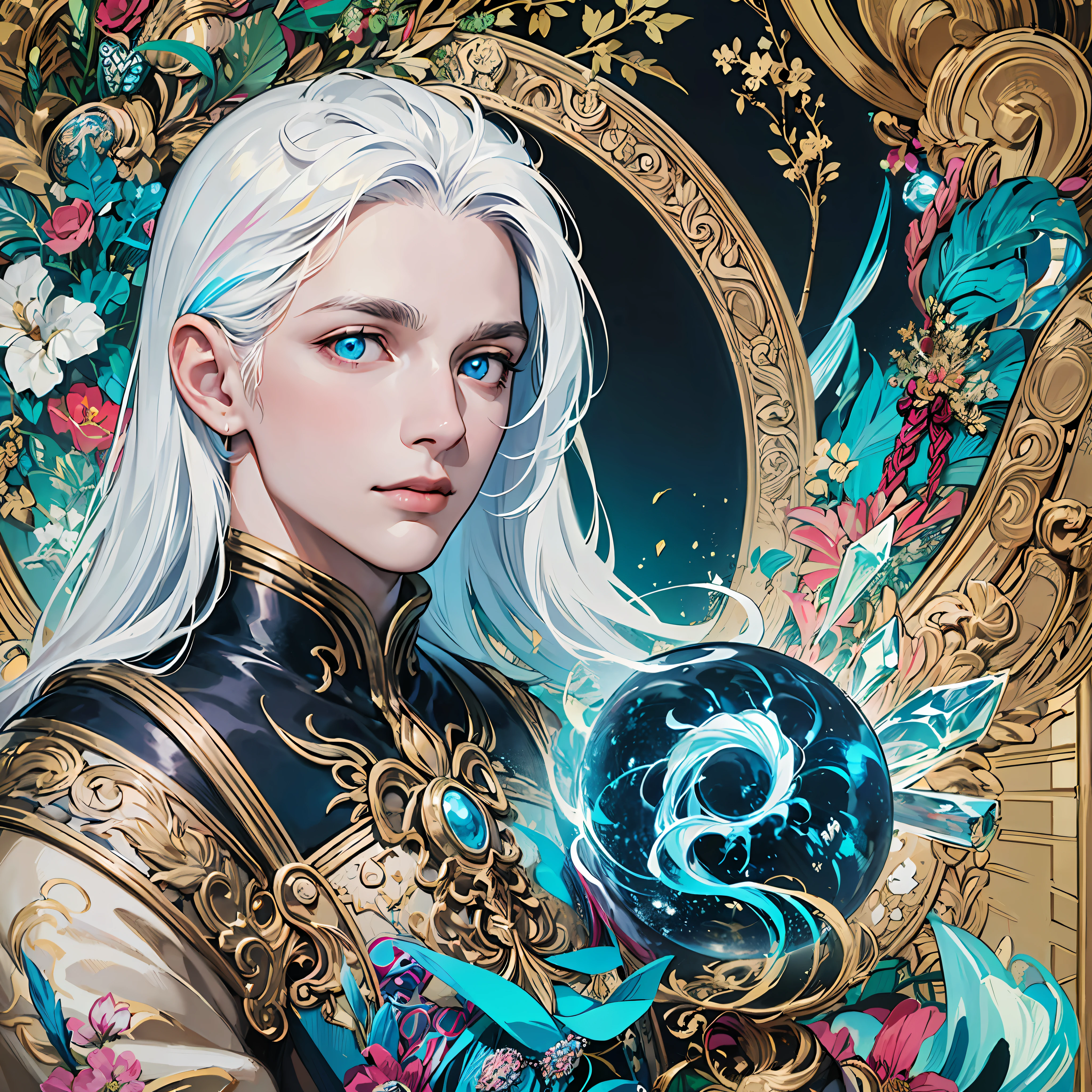 Realistic, (Masterpiece, Top Quality, Best Quality, Official Art, Beauty and Aesthetics: 1.2), Very Detailed, Fractal Art, Colorful, Most Detailed, Zentangle, (Abstract Background: 1.5) (1boy: 1.3), God, White Hair, Long Hair, (Glowing Blue Eyes), Mysterious, (Magic), Crystal, Handsome Man, Knight
