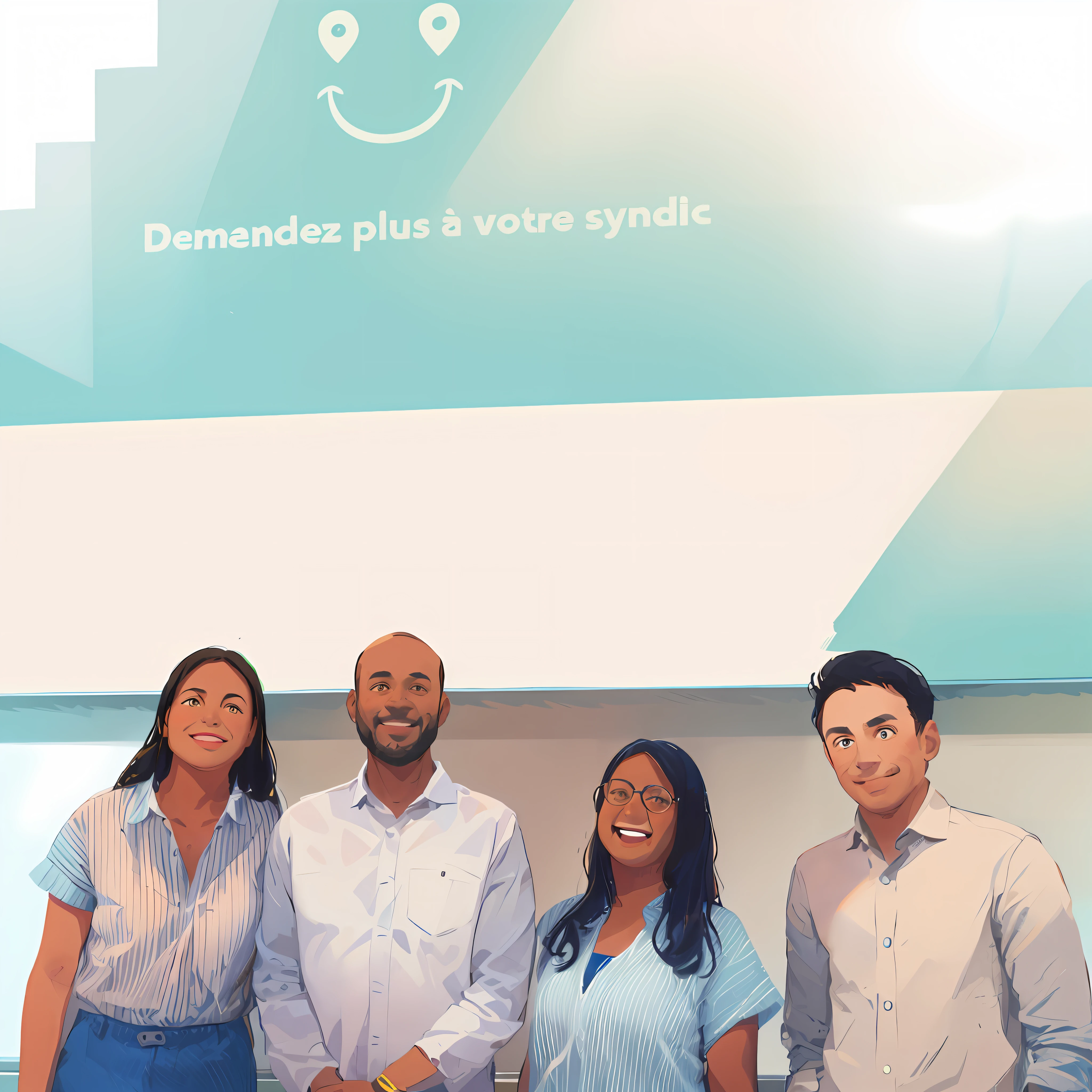 illustrated by Jacob Lawrence, four people dressed in blue, standing in front of a screen with a smile on their faces, shoulder to shoulder in front pose.