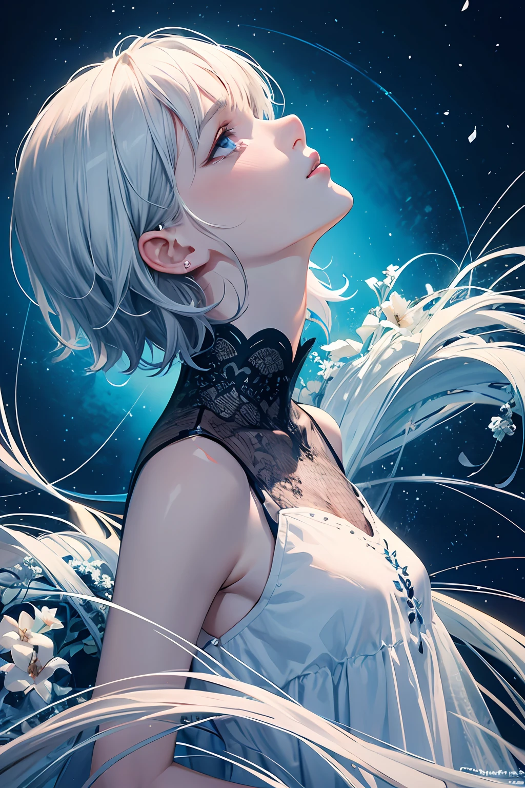 (Masterpiece, Top Quality, Best Quality, Beautiful and Aesthetic: 1.2), (1 Girl: 1.3), (Fractal Art: 1.3), Short Hair, Mesh Hair, Tattered Clothes, Looking Up, From the Side, Silver Hair, Blue Eyes, Detailed Eyes, Well-Formed Drawings, Detailed Face, Breaking Down Crying, Flower Garden, Rays of Light, Towards the Moonlight, Light Blue Background, Mysterious