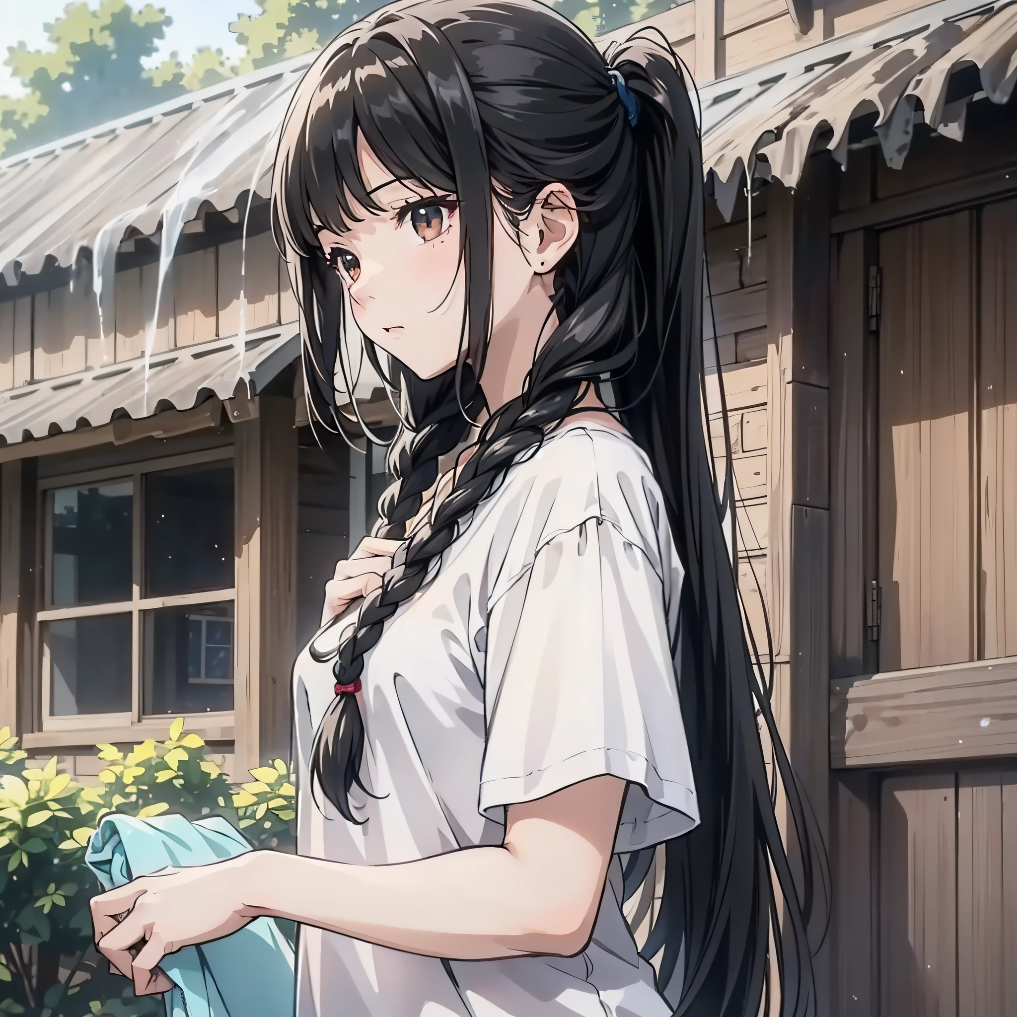 A woman in a white shirt with long black braided hair standing in the yard in front of the house washing clothes (upper body display 1.5) (girls 1.8) (cinematic light 1.5) (master masterpiece: 1.4), hyper detail, anime style 4 K, anime rendering, anime style. 8k，