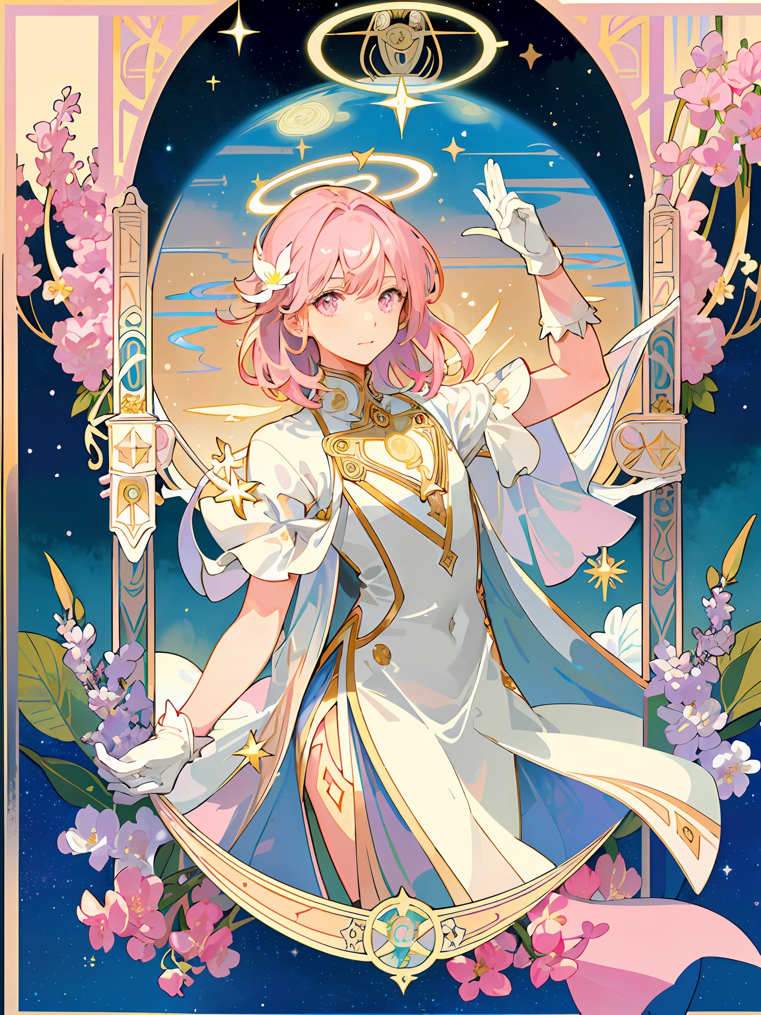 ((masterpiece,best quality)),(1girl, solo:1.4),beautiful detailed eyes, vivid, cinematic light, full_body, pink_flowers, (tarot_card), intricate, detailed background, looking_at_viewer, Madoka Kaname, hands reaching out, (flat chest), (walking), casual pose, posing, (white_gloves), (pink_eyes), white feathers, sparkles, glitter, celestial, outerspace, by alphonse mucha, (gold frame), halo, (tarot border)