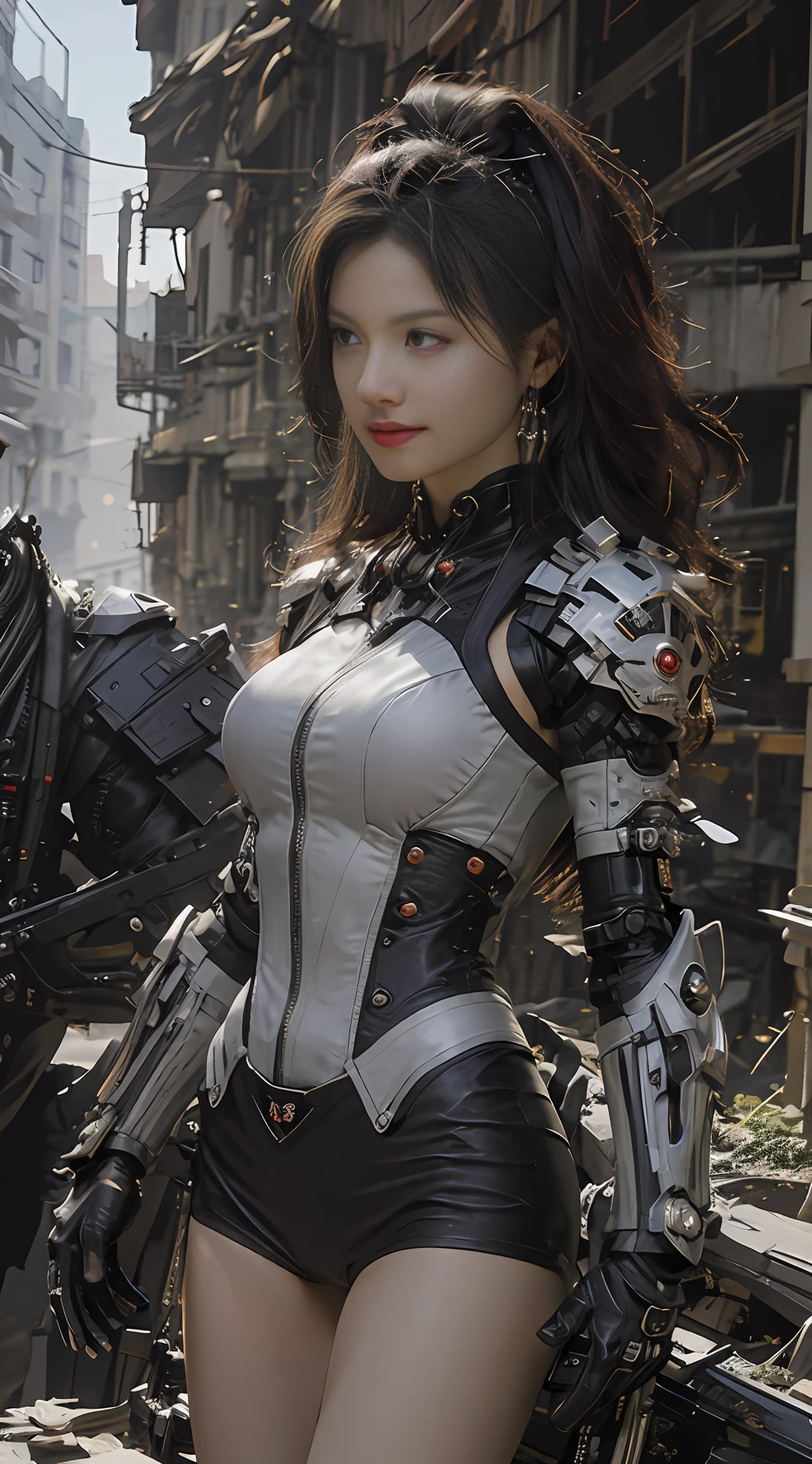 ((Best Quality)), ((Masterpiece)), (Very Detailed:1.3), 3D, Shitu-mecha, Beautiful cyberpunk woman with her pink mech in the ruins of a city in the forgotten war, Ancient technology, HDR (High Dynamic Range), ray tracing, NVIDIA RTX, super resolution, unreal 5, subsurface scattering, PBR texture, post-processing, anisotropic filtering, depth of field, maximum sharpness and sharpness, multi-layer texture, albedo and highlight maps, surface shading, Accurate simulation of light-material interactions, perfect proportions, octane rendering, duotone lighting, low ISO, white balance, rule of thirds, wide aperture, 8K RAW, high efficiency sub-pixels, subpixel convolution, luminous particles, light scattering, tyndall effect (whole body), (delicate facial features), (perfect face), dynamic angles.