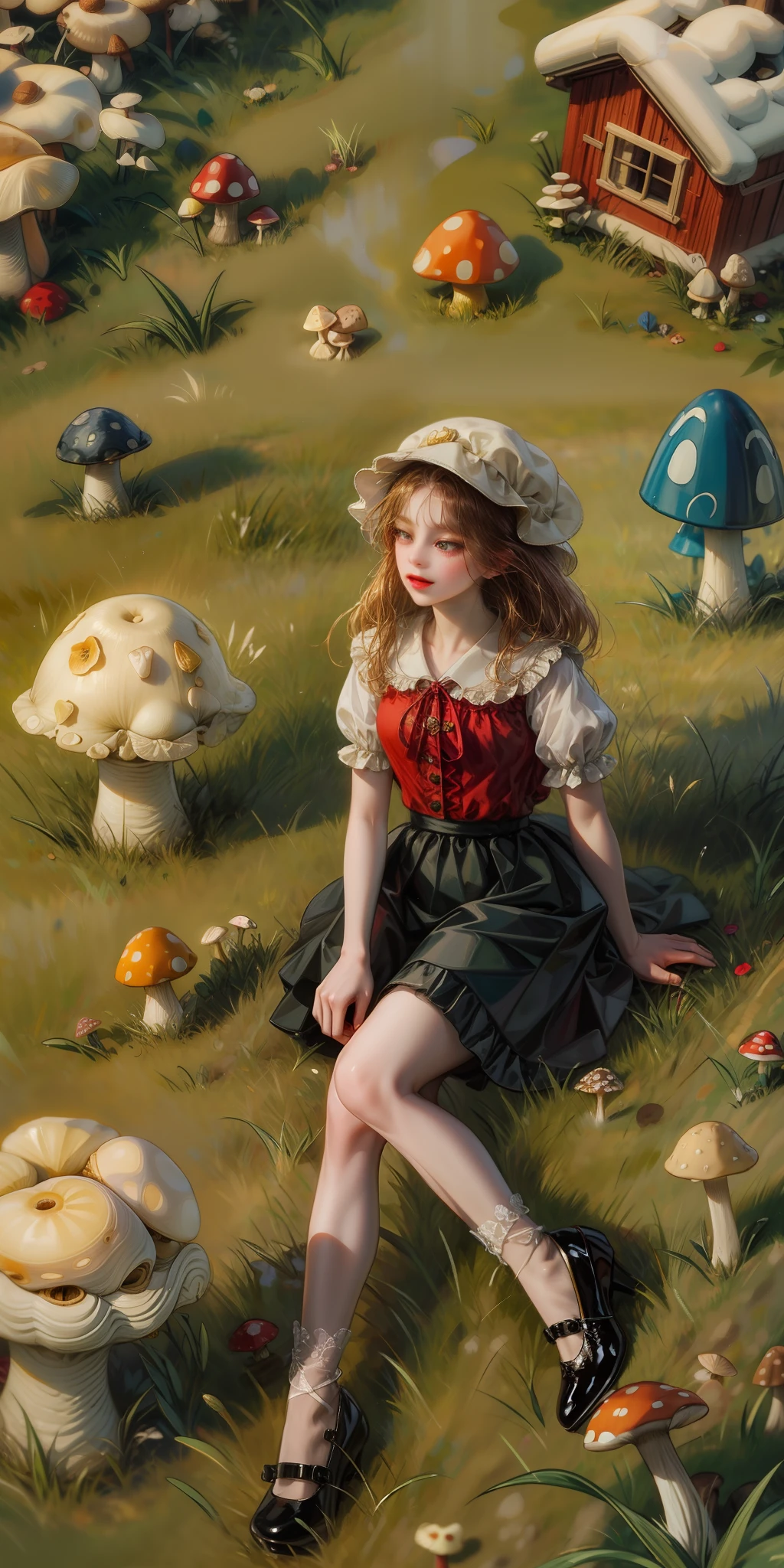 Masterpiece, best quality, mushroom cap, mushroom skirt, red full body, girls mushrooms, grass, red shoes