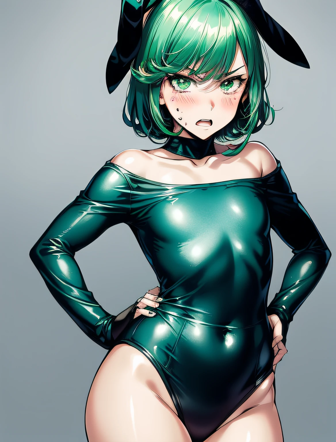 Terrible_Tornado, looking at the viewer, angry, blush, attack pose, short hair, bangs, green eyes, detailed eyes, collarbone, thighs, small breasts, split lips, green hair, playboy bunny, cowboy shot, hands on hips, anime manga.