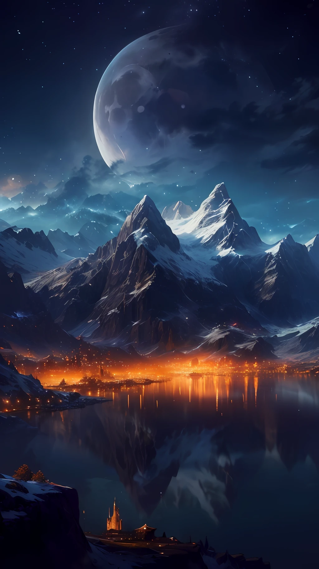 mountains and a lake with a moon in the sky, 4k highly detailed digital art, 4 k hd wallpaper very detailed, impressive fantasy landscape, sci-fi fantasy desktop wallpaper, unreal engine 4k wallpaper, 4k detailed digital art, sci-fi fantasy wallpaper, epic dreamlike fantasy landscape, 4k hd matte digital painting, 8k stunning artwork