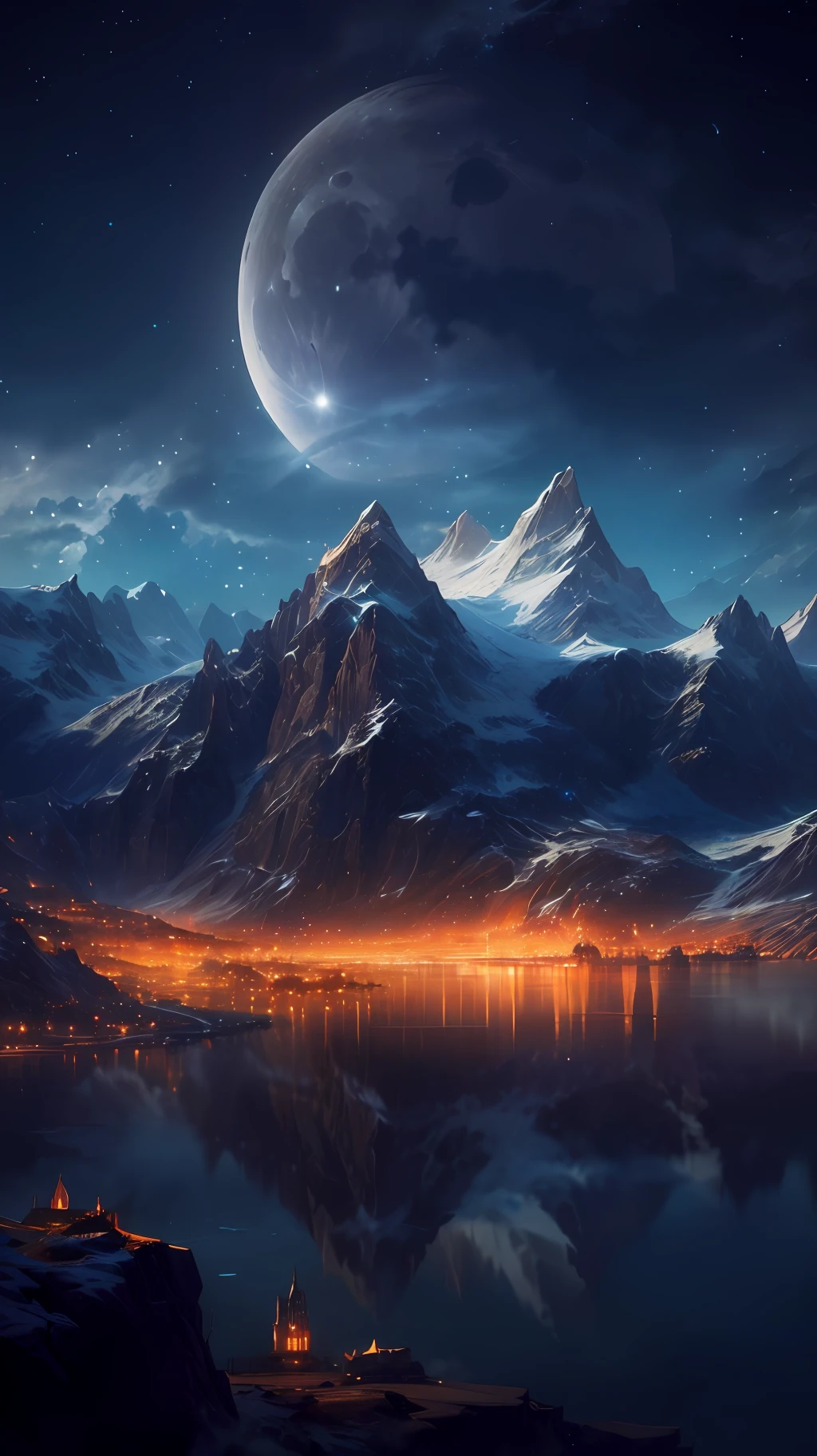 mountains and a lake with a moon in the sky, 4k highly detailed digital art, 4 k hd wallpaper very detailed, impressive fantasy landscape, sci-fi fantasy desktop wallpaper, unreal engine 4k wallpaper, 4k detailed digital art, sci-fi fantasy wallpaper, epic dreamlike fantasy landscape, 4k hd matte digital painting, 8k stunning artwork