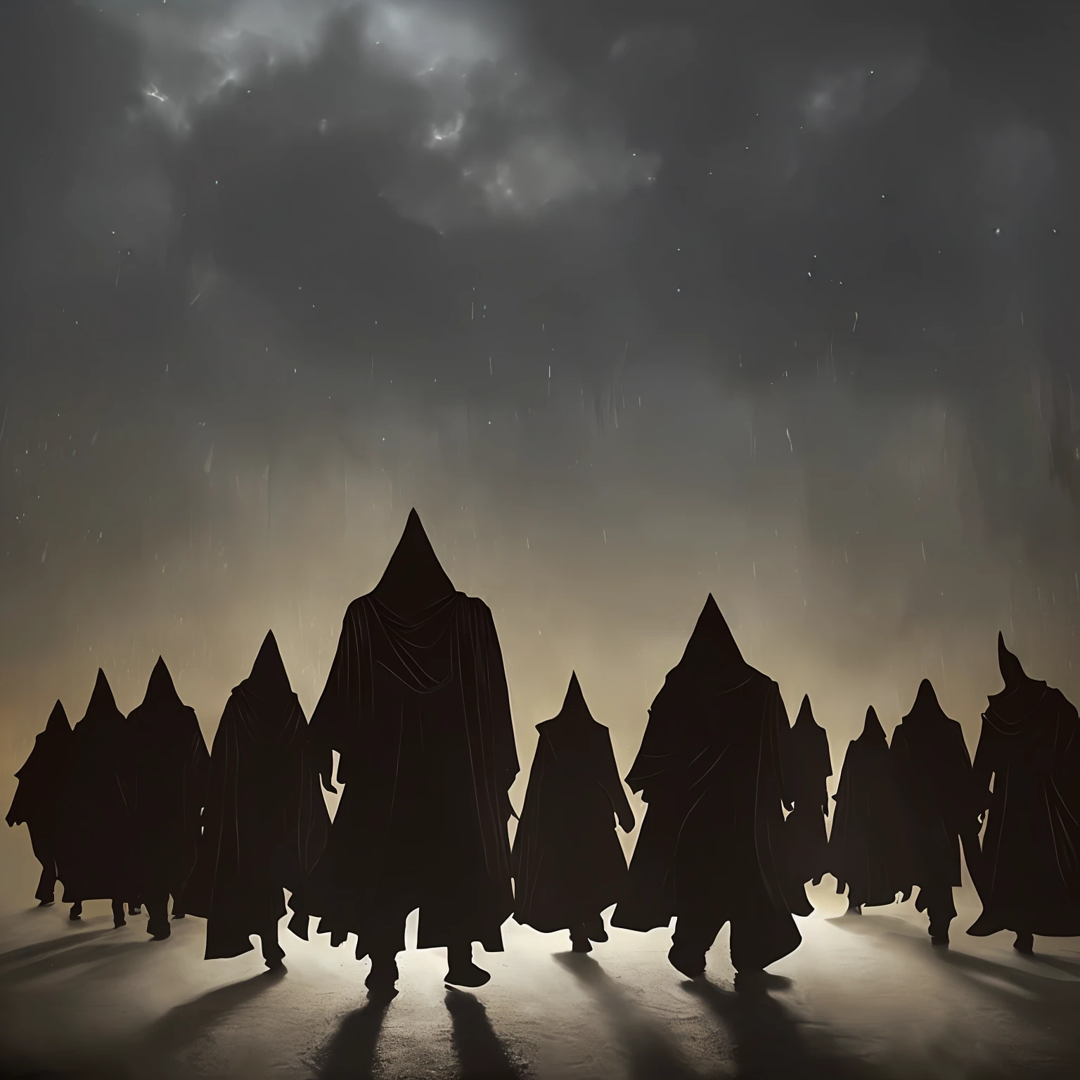 arafed image of a group of hooded men walking in the rain, dark figures walking, wearing dark robes, hooded figures, dark robes, distant hooded figures, faceless people dark, an army of evil, gothic wearing hooded dark cloak, dark, wearing in black cloak, wearing dark cloak, hooded cloaks, black robes, cultists watching