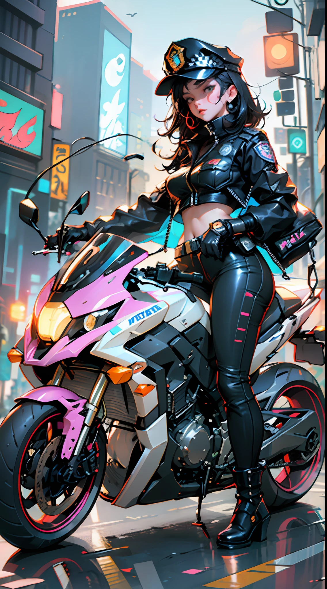 Beautiful woman medium hair, wearing cap, cyberpunk style short clothes, cyberpunk police woman, tomboy, Traffic Police, flying futuristic police motorcycle, police hovercycle patrol, night, neons