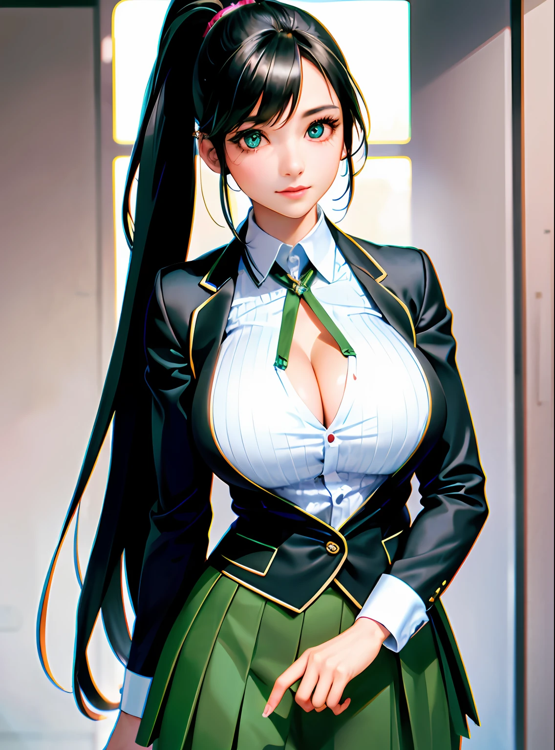 school uniform,  green skirt, black hair, very long hair, ponytail, blush, light smile, shiny hair,  shiny skin, cleavage,  huge ass,  wide hips, mature female,  1girl, masterpiece, best quality, (highres), absurdres, 4K, 8K, 16K, beautiful face, beautiful body, symmetrical face, gorgeous, deep eyes, realistic shaded, stunning, intricate, hyper-detailed, highly detailed, sharp, smooth, sharp focus, realistic, anime, manga, ((ringed eyes)),