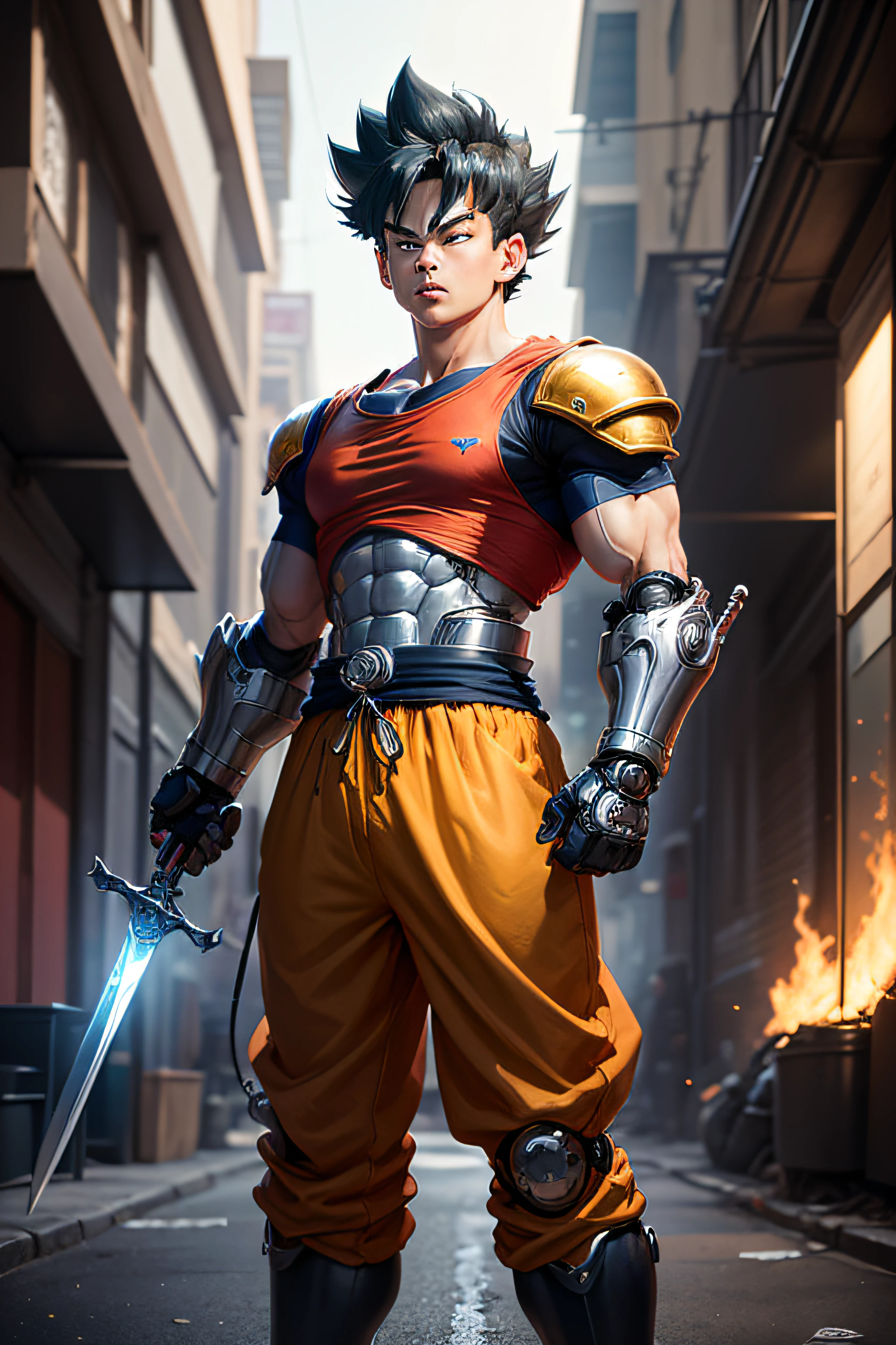 anime - style image of a man with a sword and a red shirt, Dragon Ball concept art, Akira Toriyama style, Dragon Ball art style, advanced digital anime art", highly detailed portrait of Goku, Toriyama Akira, detailed anime character art, inspired by Akira Toriyama, Goku portrait, stunning character art,  Dragon Ball style ( 1man, mechanical wonder, robotic presence, cybernetic guardian, with a worn mechanical suit, intricate, (steel metal [rusty]), elegant, clear focus, shot by greg rutkowski, soft lighting, vibrant colors, masterpiece, ((street)) --auto