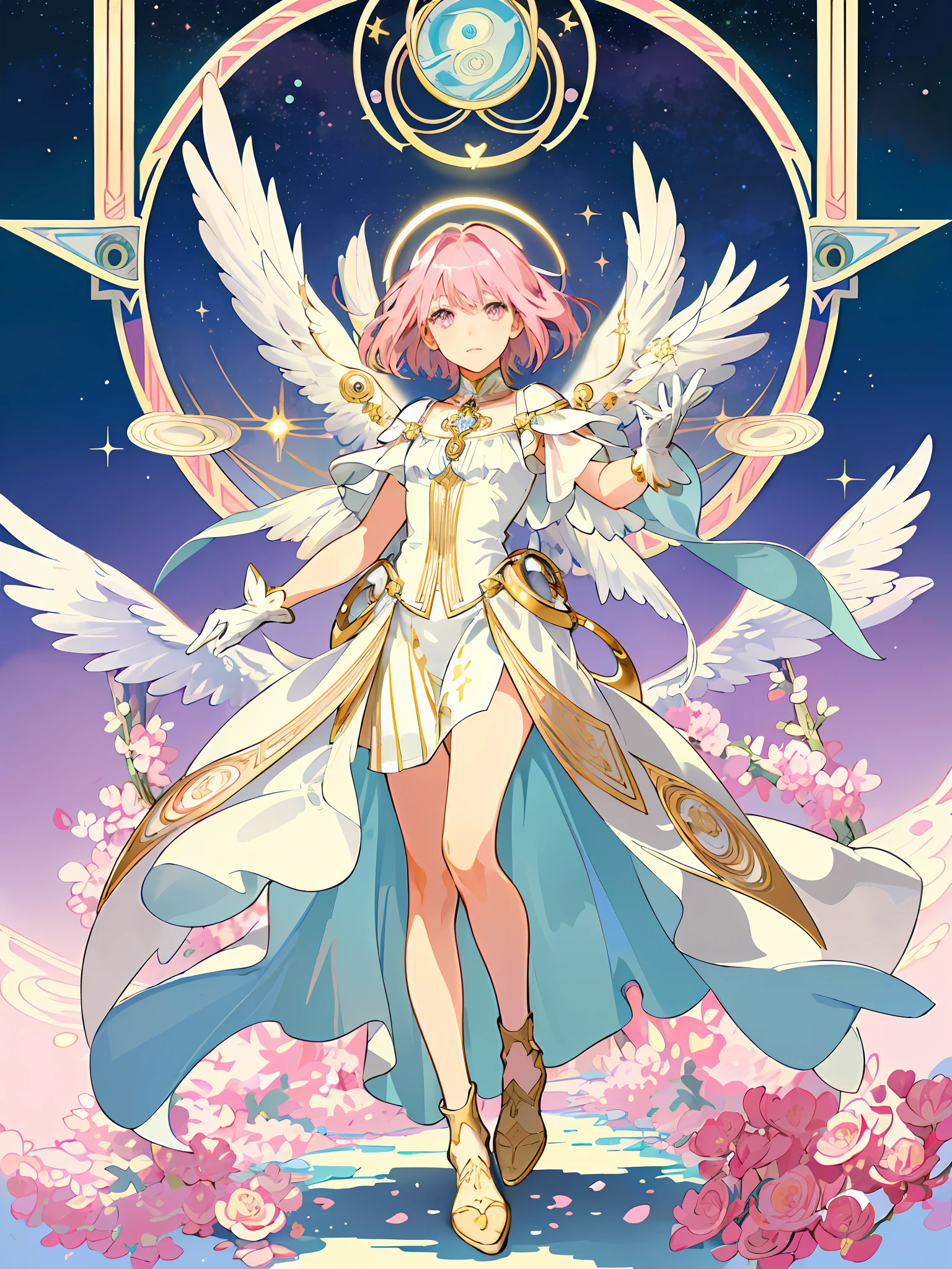 ((masterpiece,best quality)),(1girl, solo:1.4),beautiful detailed eyes, vivid, cinematic light, full_body, pink_flowers, (tarot_card), intricate, detailed background, looking_at_viewer, Madoka Kaname, hands reaching out, (flat chest), (walking), casual pose, posing, (white_gloves), (pink_eyes), white feathers, sparkles, glitter, celestial, outerspace, by alphonse mucha, (gold frame), halo, (tarot border)