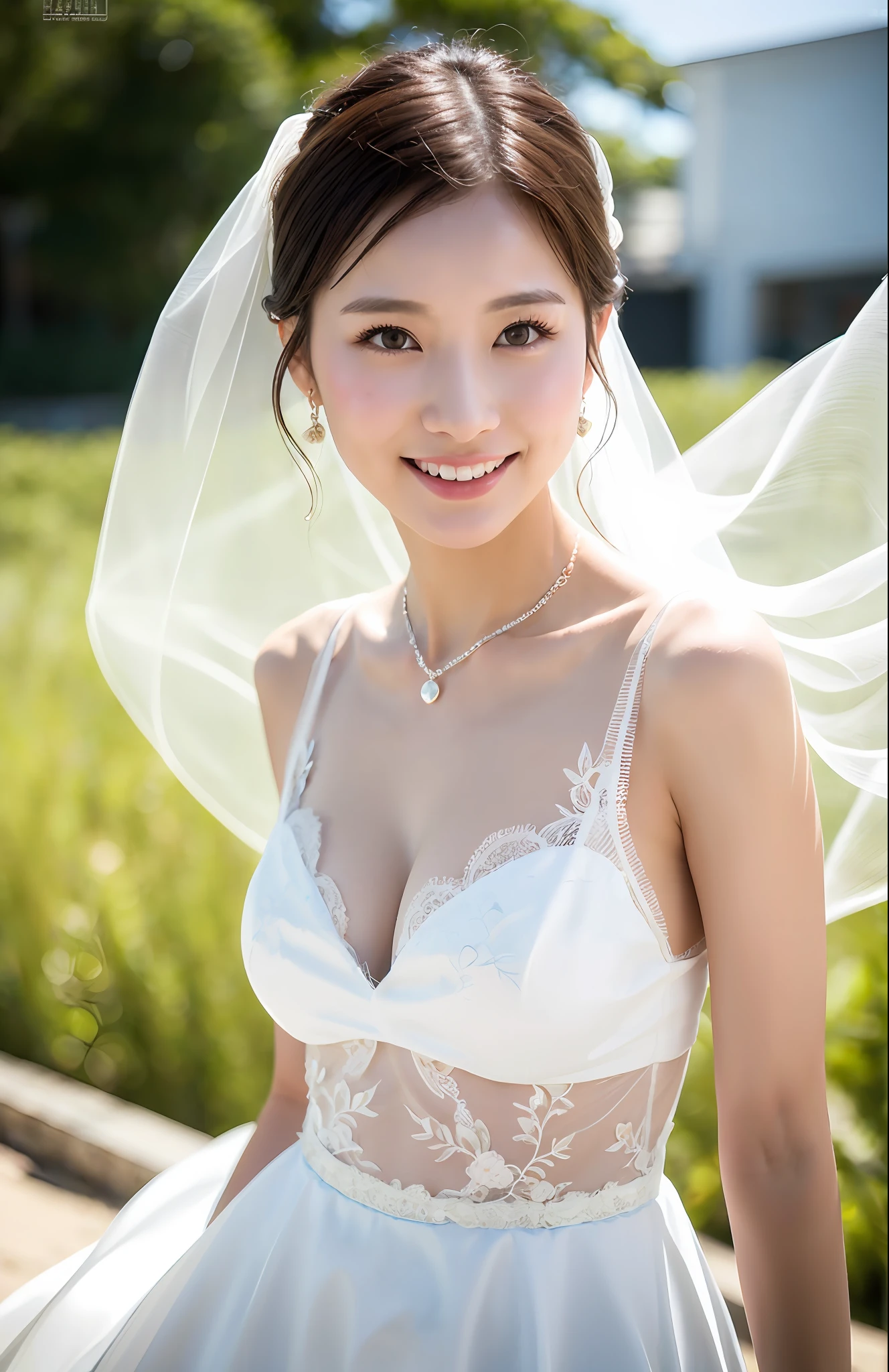 Turbulent posture, (very delicate and beautiful work), (masterpiece), 1girl, girl in wedding dress, veil, lace, full body, high definition, ridiculous, charming expression, smile, beautiful clear eyes, green eyes, delicate necklace, delicate earrings, full body, blue sea, beautiful sandy beach, simple background blur, ultra-fine depiction, beautiful, attractive, ultra-fine painting, delicate face, delicate figure, thin collarbone, nice lips, beauty big, soft back, mix4, (8k, RAW photos, top quality), masterpiece: 1.2), (realistic, photorealistic: 1.37), one girl, cute, professional lighting, photon mapping, radiosity, physically based rendering