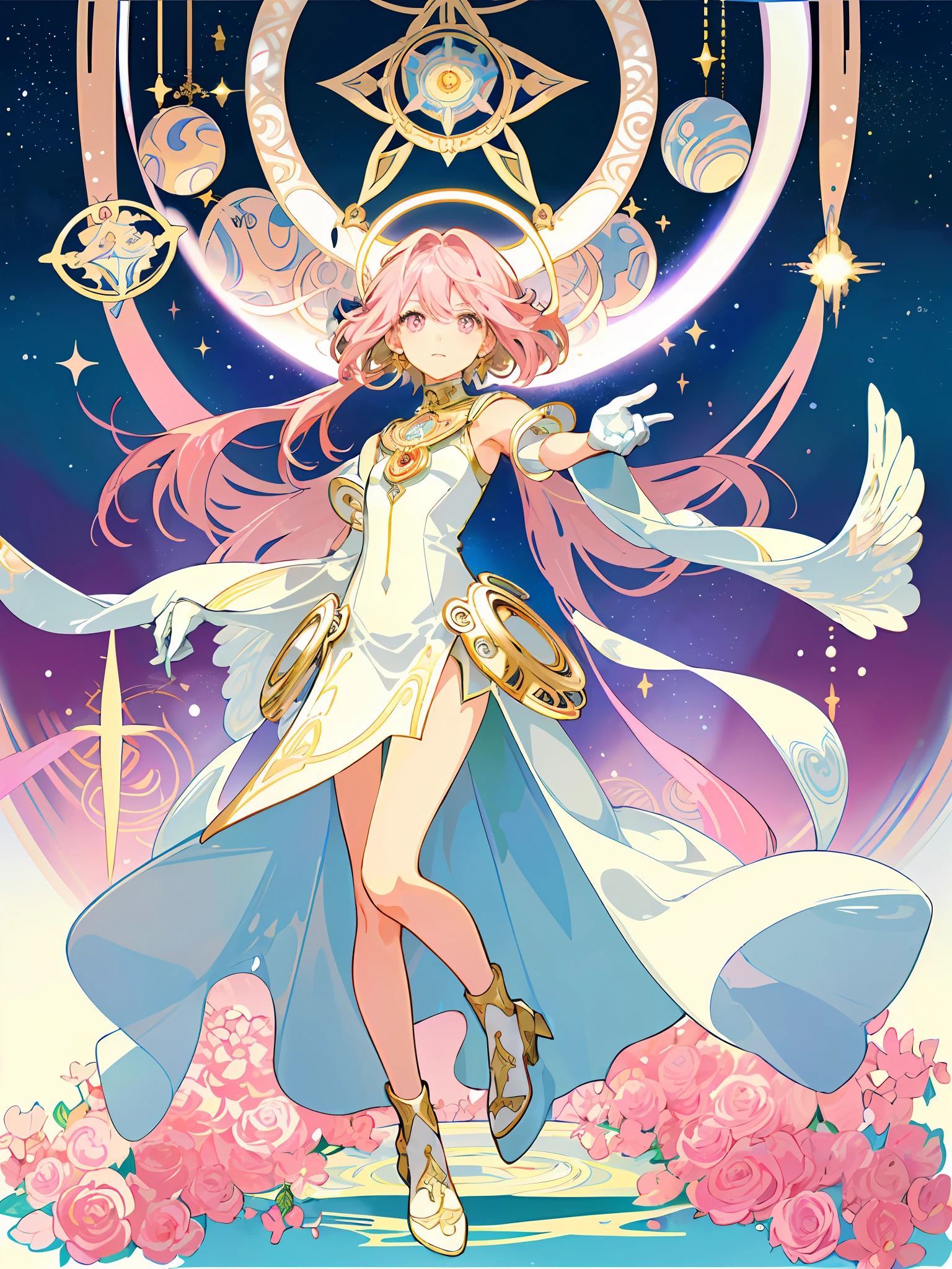 ((masterpiece,best quality)),(1girl, solo:1.4),beautiful detailed eyes, vivid, cinematic light, full_body, pink_flowers, (tarot_card), intricate, detailed background, looking_at_viewer, Madoka Kaname, hands reaching out, (flat chest), (walking), casual pose, posing, (white_gloves), (pink_eyes), white feathers, sparkles, glitter, celestial, outerspace, by alphonse mucha, (gold frame), halo, (tarot border)