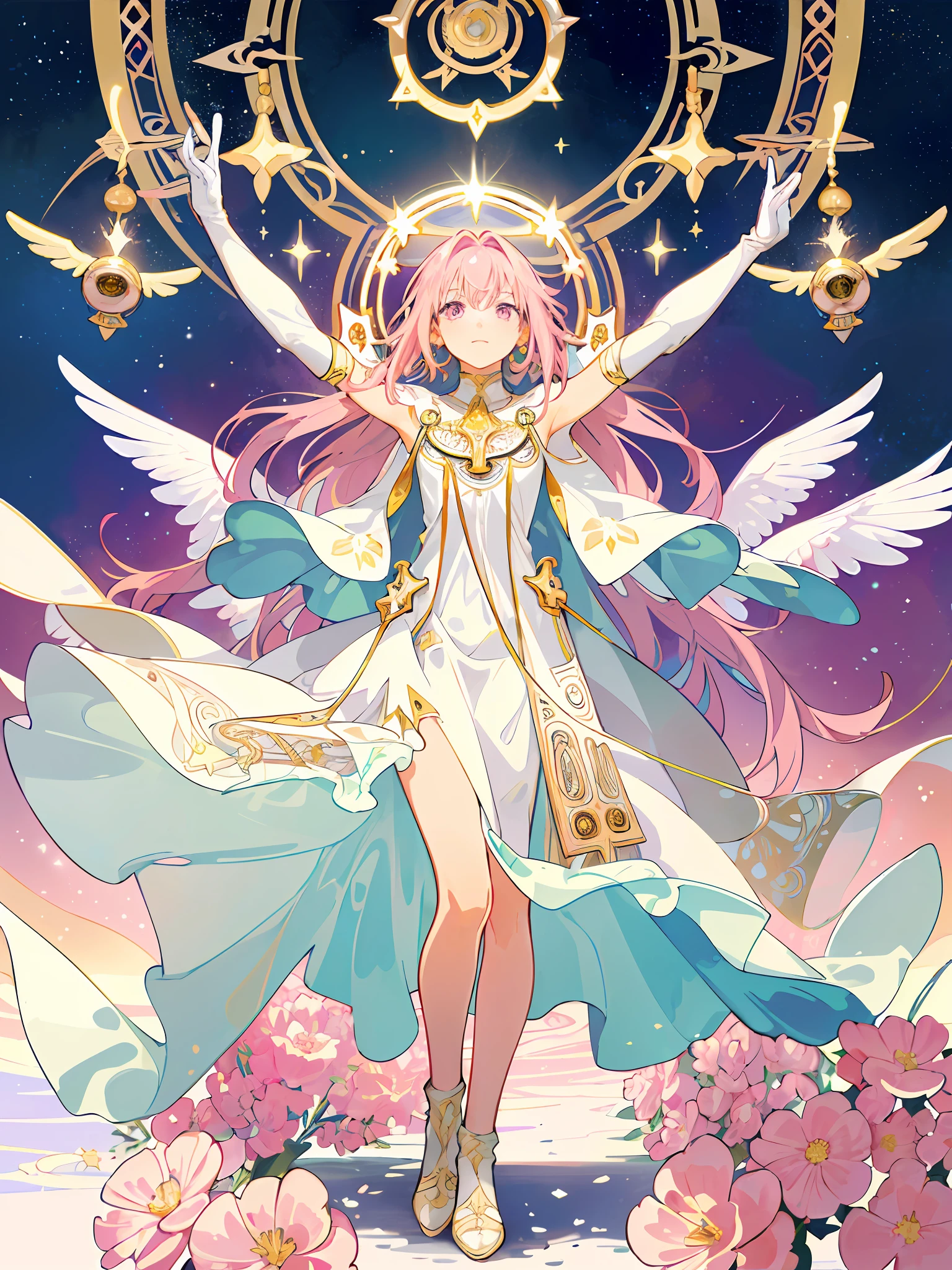 ((masterpiece,best quality)),(1girl, solo:1.4),beautiful detailed eyes, vivid, cinematic light, full_body, pink_flowers, (tarot_card), intricate, detailed background, looking_at_viewer, Madoka Kaname, hands reaching out, (flat chest), (walking), casual pose, posing, (white_gloves), (pink_eyes), white feathers, sparkles, glitter, celestial, outerspace, by alphonse mucha, (gold frame), halo, (tarot border)
