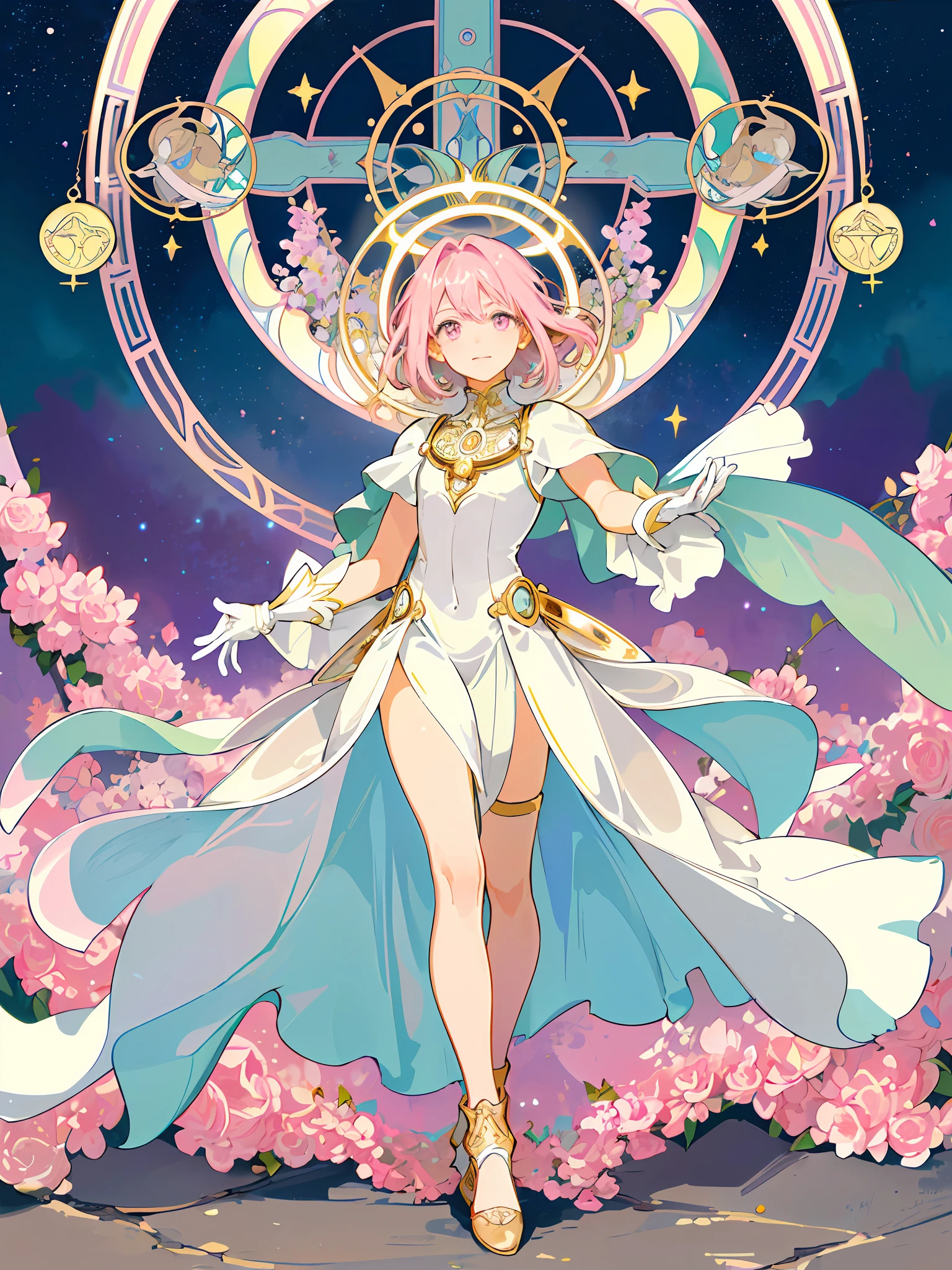 ((masterpiece,best quality)),(1girl, solo:1.4),beautiful detailed eyes, vivid, cinematic light, full_body, pink_flowers, (tarot_card), intricate, detailed background, looking_at_viewer, Madoka Kaname, hands reaching out, (flat chest), (walking), casual pose, posing, (white_gloves), (pink_eyes), white feathers, sparkles, glitter, celestial, outerspace, by alphonse mucha, (gold frame), halo, (tarot border)