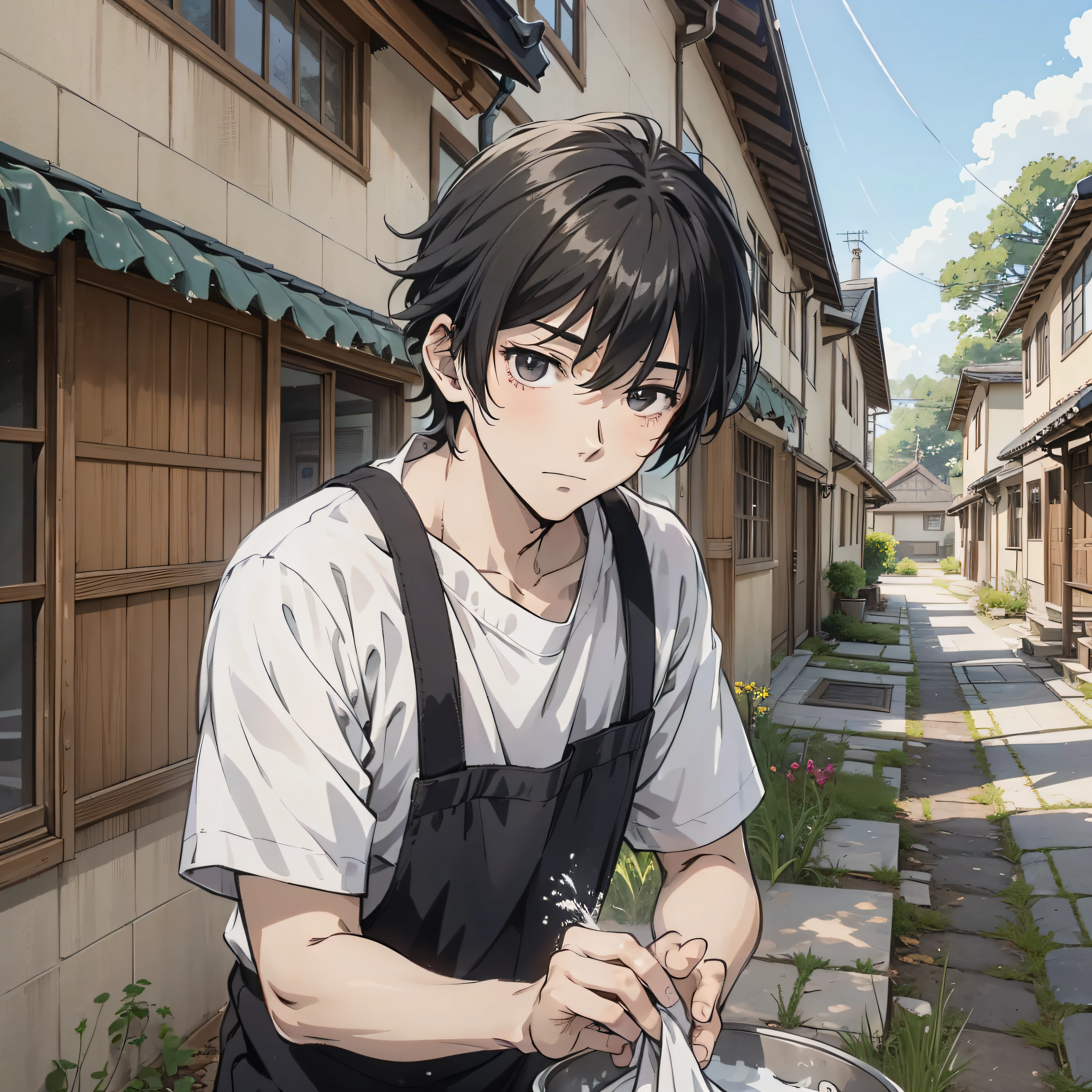 A 20-year-old anime male with short black hair and a white shirt washing clothes in the yard in front of the house of the village (serious expression 1.5) (washing clothes 1.5) (the background is the yard in front of the village house 1.5) anime style 4 K, anime rendering, anime style. 8k, handsome anime face (upper body display 1.5) (handsome boy 1.3) (cinematic light 1.5)