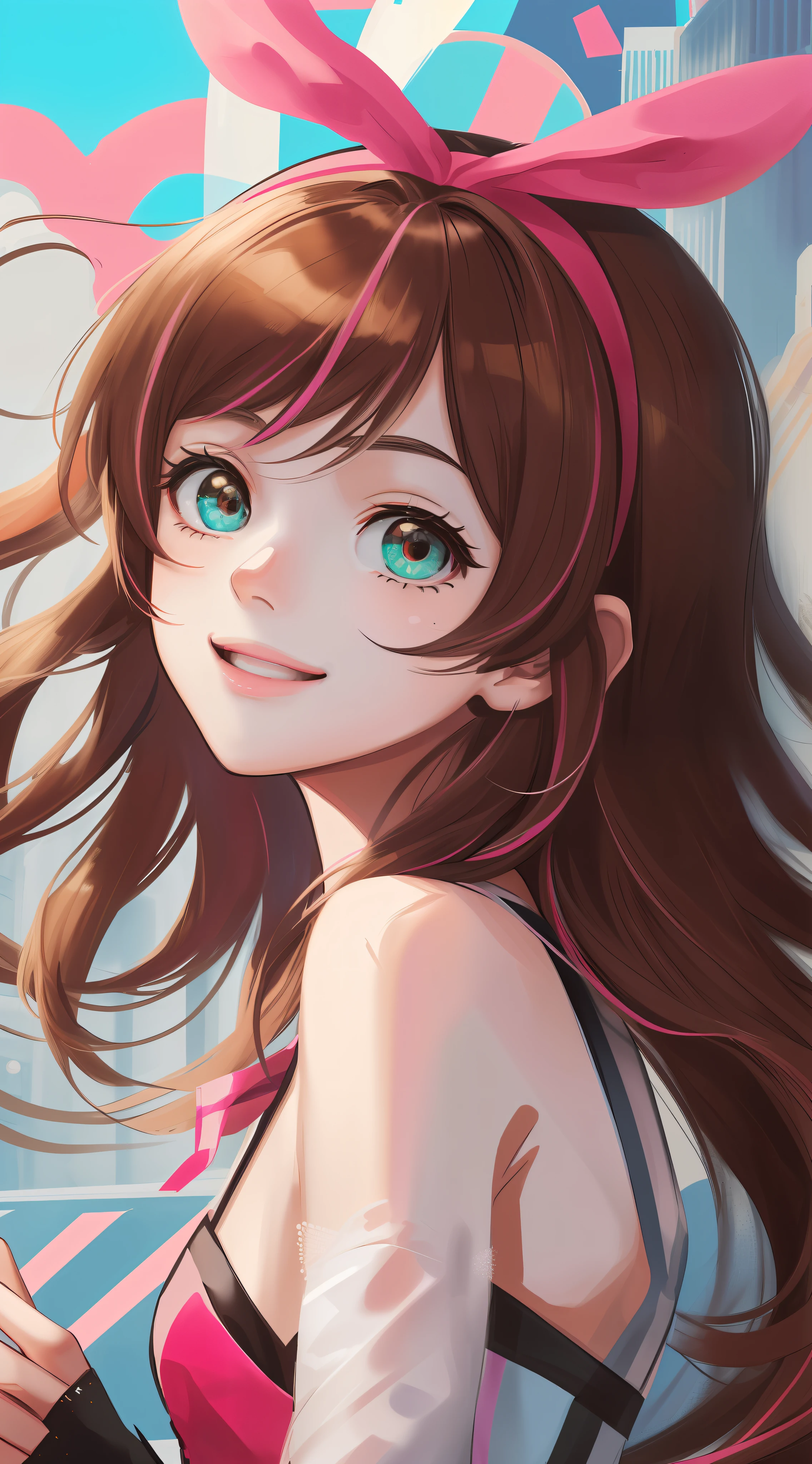 masterpiece, best quality, highres, 1girl, kizuna ai, small breasts ,long hair, brown hair, multicolored hair, floating hair, pink hairband, pink highlights, streaked hair, smiling