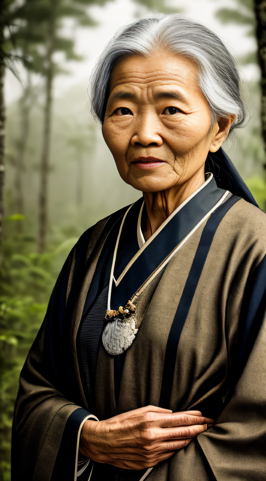 Portrait photography style, world masterpiece, super unique high professional digital art, film format, hyper-realism, color cinematography with ultra-fine details and quality, background is deep in the forest, an old woman in rural China, a wise woman. She has a kind face and her eyes are kind and shrewd. Her skin has been blackened and powerful by the sun and rain, and the wrinkles are fixed on the corners of her mouth and forehead, making her look more precipitated by his years. Although wearing a dark gown, although simple in appearance, it exudes sublime wisdom and a sense of tenacity of strength.