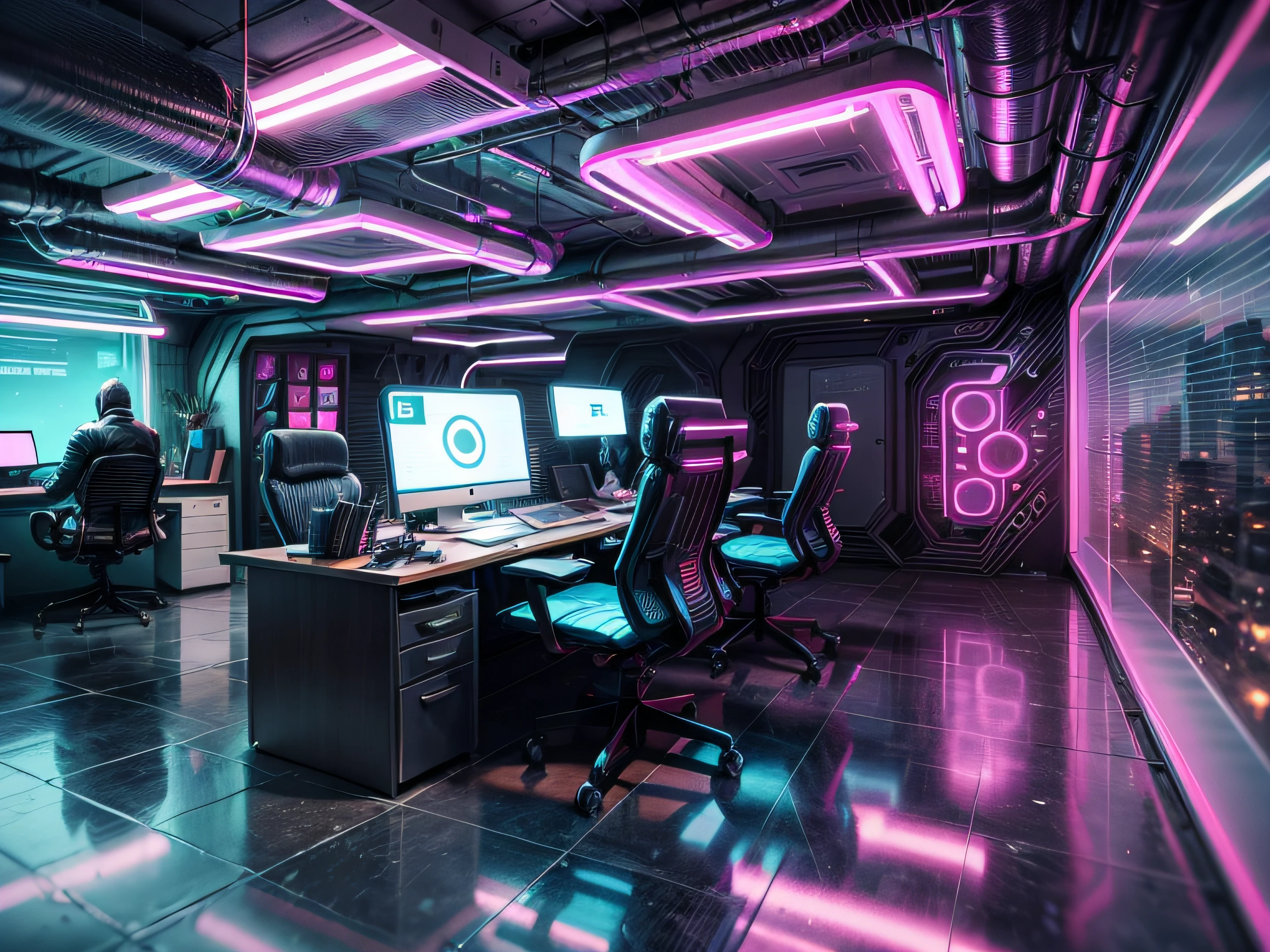Interior design for a cypherpunk vibe office: holographic screens and floating chairs. The space is futuristic and messy with technical gear and tools strewn about. Colorful neon lights add to the cyberpunk vibe.