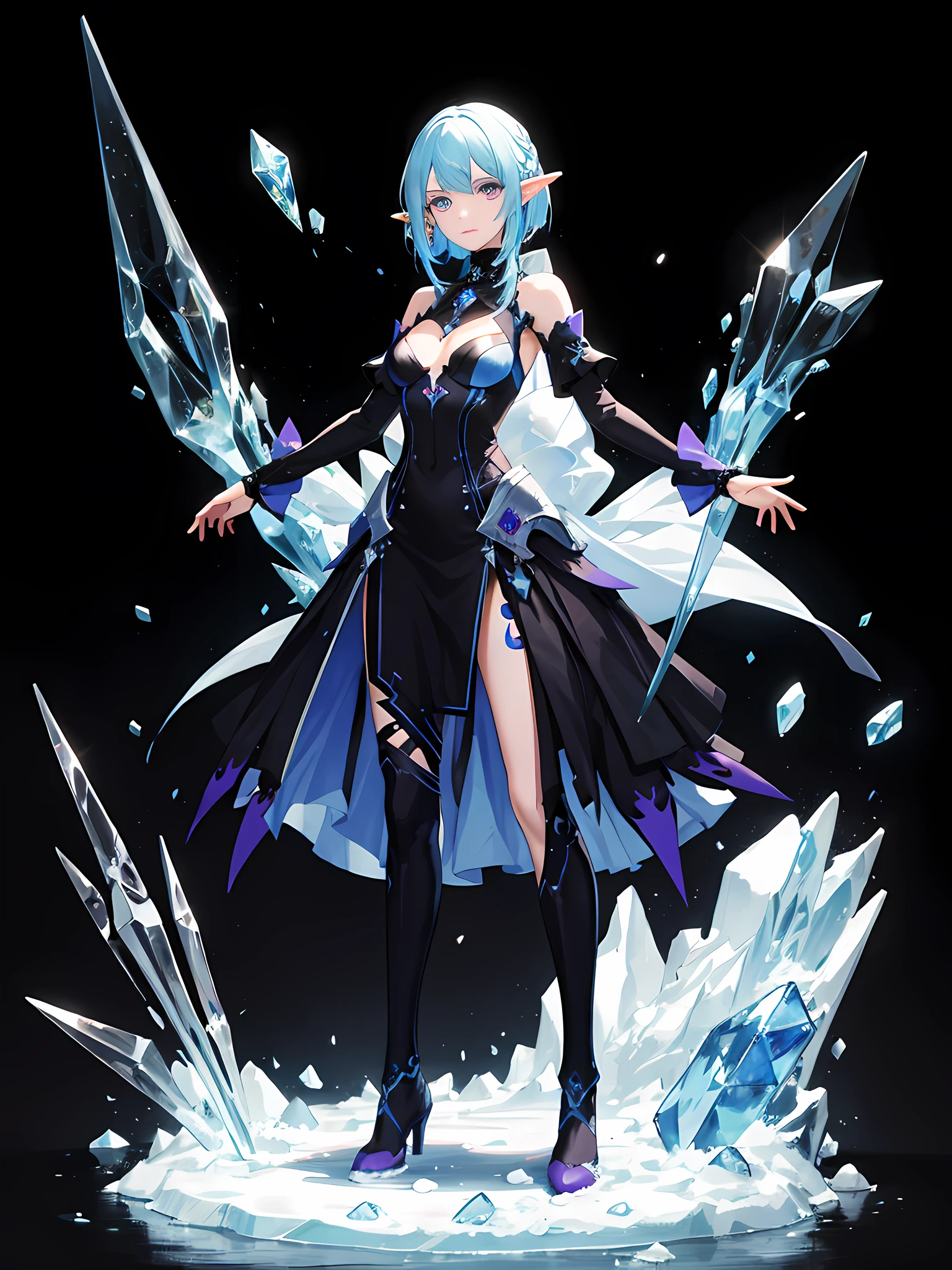 (masterpiece, best_quality), 1girl, sci-fi, elven, high blue hair, multicolored hair, purple eyes, full body, wallpaper, ice shard particles