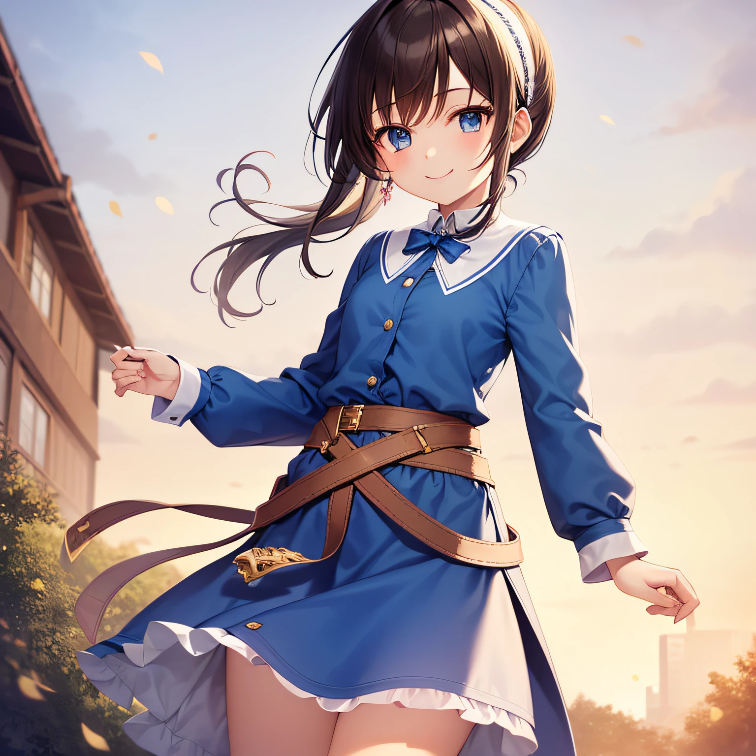 top quality, very delicate and beautiful, girl, 11 years old, (dark brown hair), blue clothes with vertical buttons, belt at the waist, white skirt, (ponytail)), (white hair band), (brown boots), blue eyes, standing, smile,