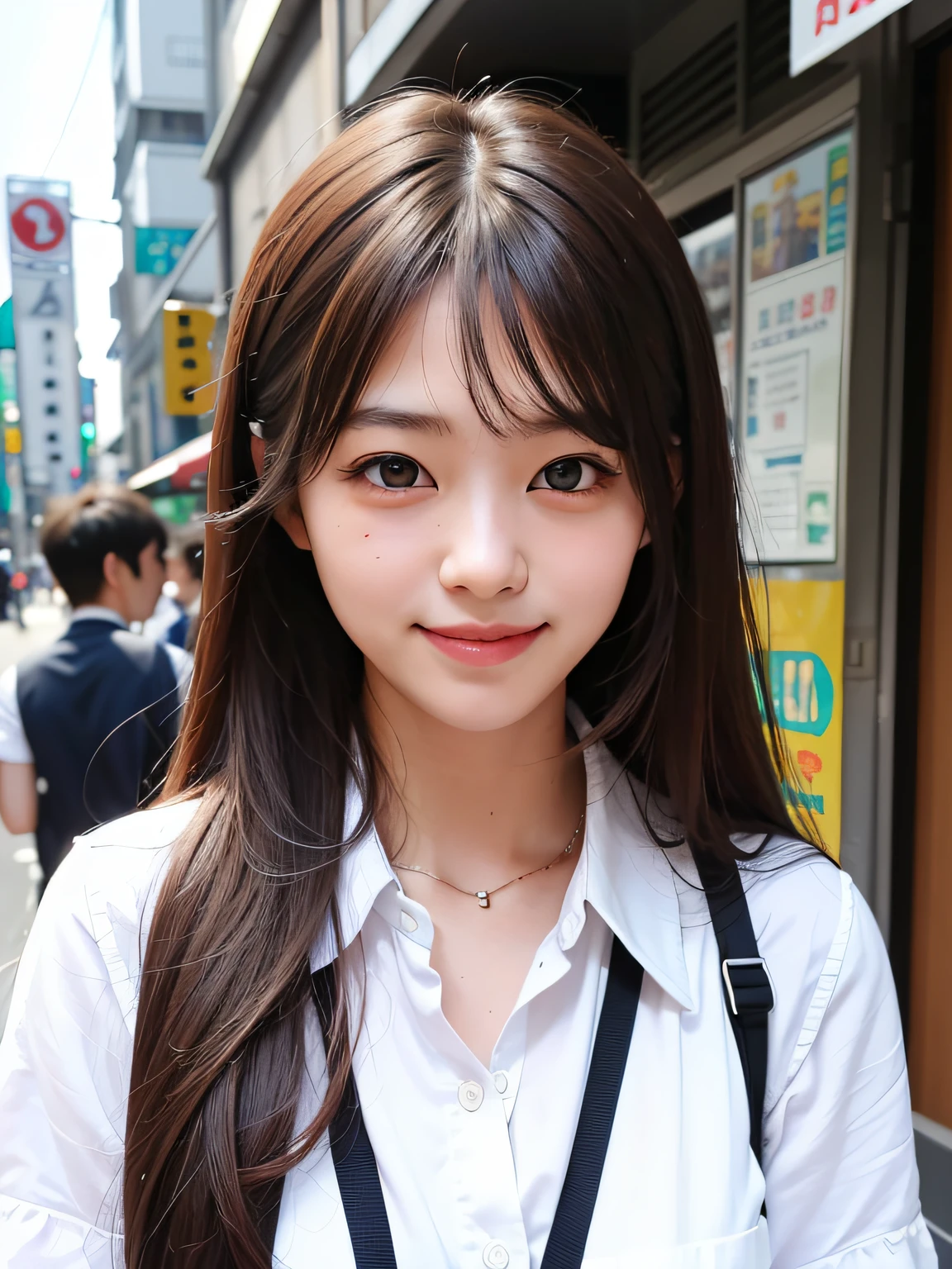 1girl, Tokyo streets, cityscape, upper body, 8k, RAW photo, best quality, masterpiece, real, photorealistic, smile, schoolgirl uniform, cute,