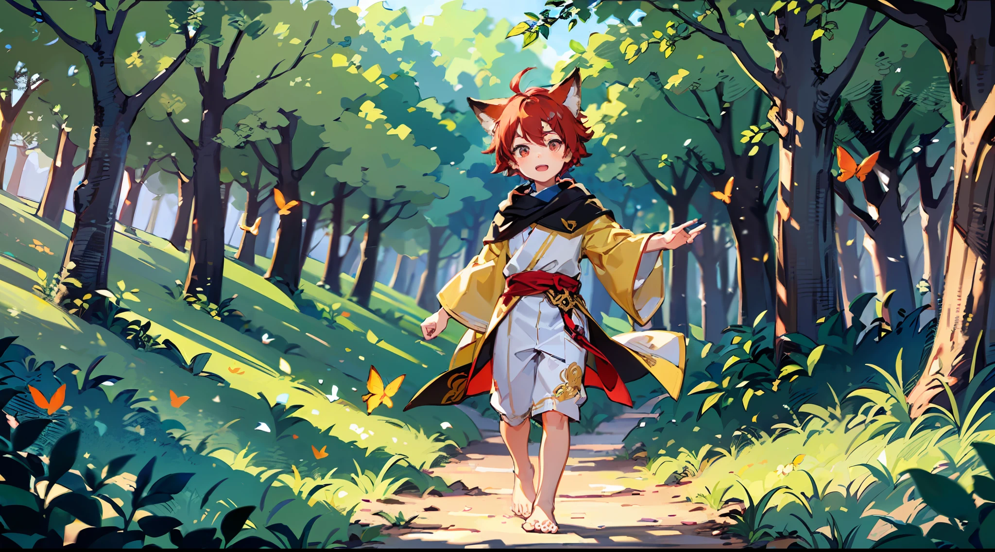 (Little boy with short red hair with golden eyes), (dressed in a golden and red fairy robe), (red fox ear tail), (handsome), (barefoot), (in the forest), (chasing butterflies)