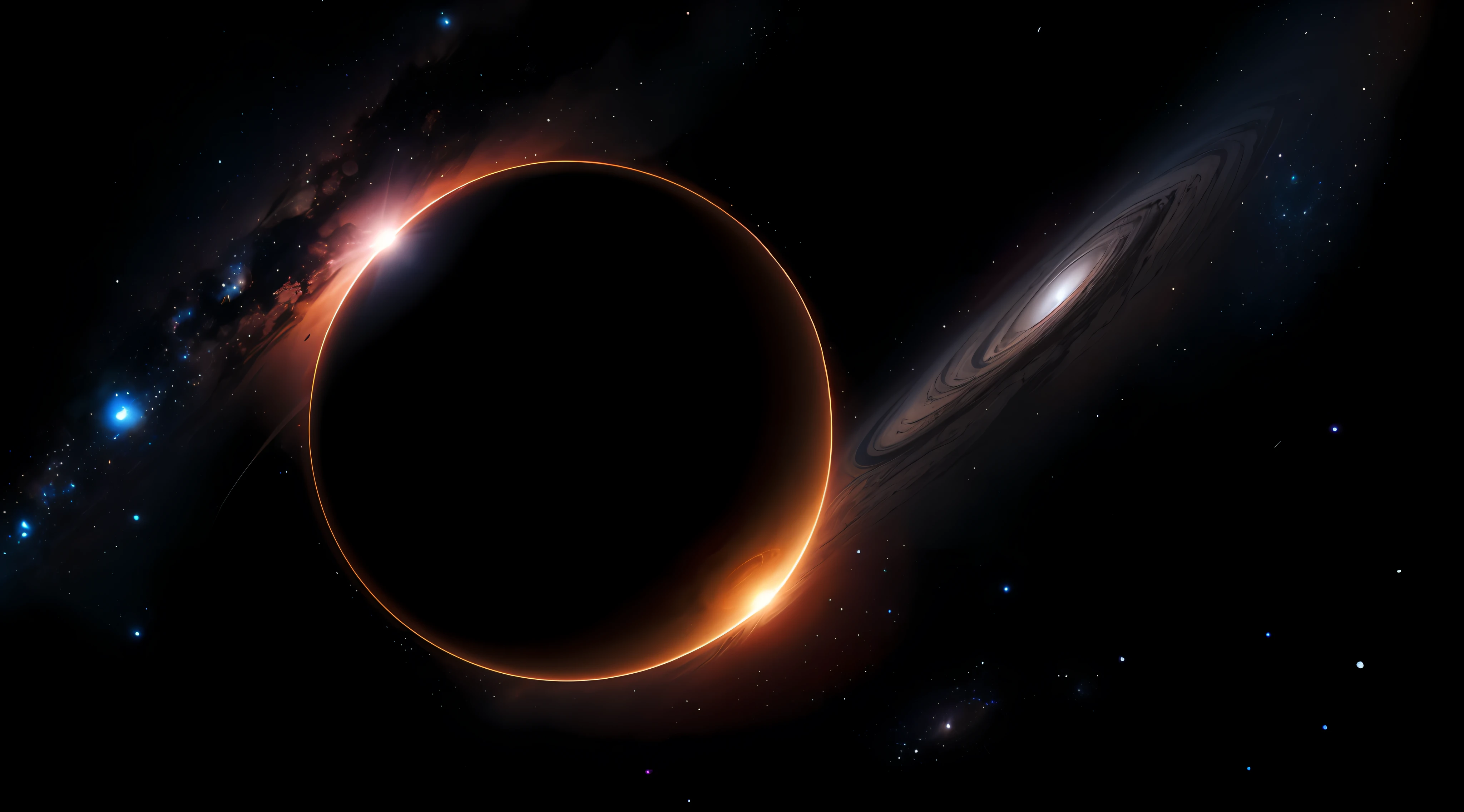 ((master)), ((best quality)), ultra-detailed CG unity 8k wallpaper, incredibly delicate and beautiful illustration, floating, high resolution, dynamic, dark black background, stellar space, large white luminescent stars, a huge black hole in the background, colorful planets floating in a cosmic maelstrom.