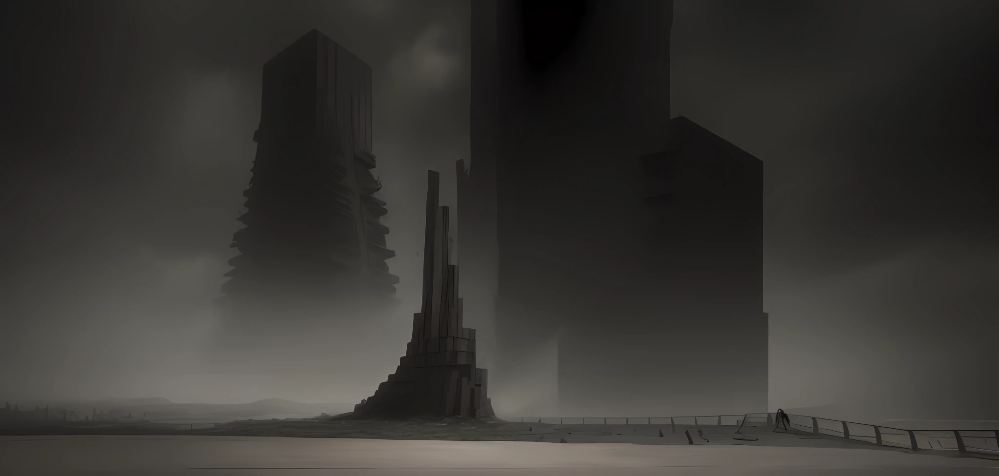 there is a man that is skateboarding on a concrete surface, dystopian brutalist atmosphere, brutalist alien civilization, tall obsidian architecture, gigantic tower, futuristic tower, monolith, shot with sigma f / 4. 2, shot with sigma f/ 4.2, ziggurat, dystopian landscape, brutalist style, building in the distance