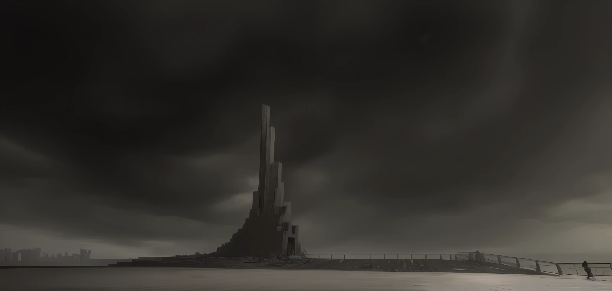 there is a man that is skateboarding on a concrete surface, dystopian brutalist atmosphere, brutalist alien civilization, tall obsidian architecture, gigantic tower, futuristic tower, monolith, shot with sigma f / 4. 2, shot with sigma f/ 4.2, ziggurat, dystopian landscape, brutalist style, building in the distance