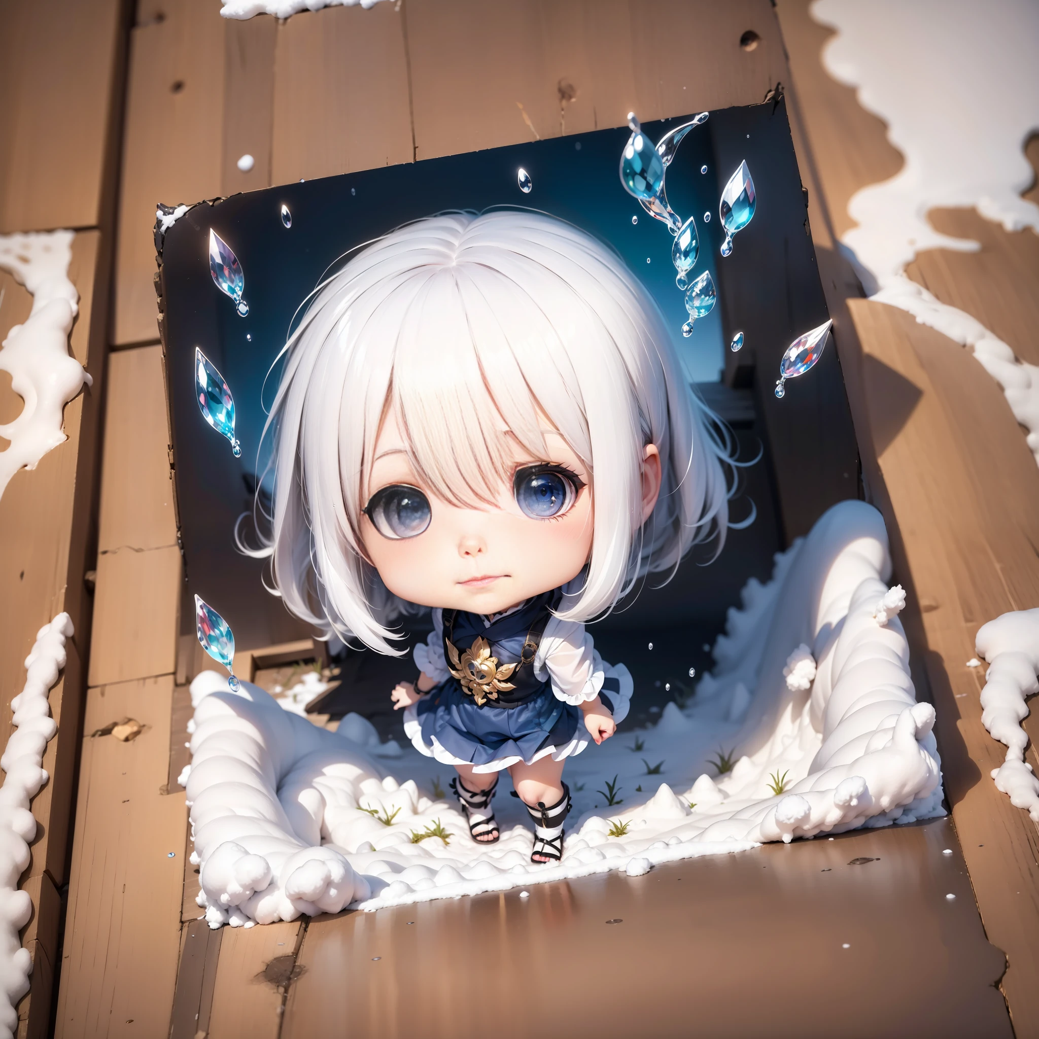 anime girl with white hair and blue eyes standing in snow, splash art anime loli, water color nendoroid, 4 k manga wallpaper, anime art wallpaper 8 k, anime art wallpaper 4k, anime art wallpaper 4 k, chibi anime girl, anime style 4 k, 4k anime wallpaper, style as nendoroid, white haired deity