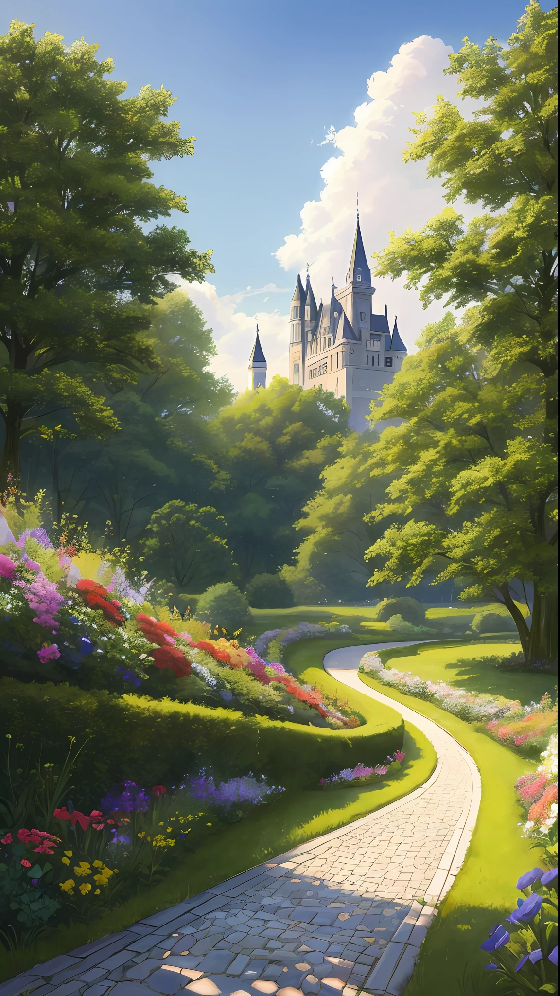 Masterpiece, best quality, no humans, castle garden, trees, summer, flowers, bushes, roses, clouds, sky, stone path, big tree, bees, butterflies, hyperrealistic, detailed background, depth of field, rimlighting, specular highlights, bloom, atmospheric lighting