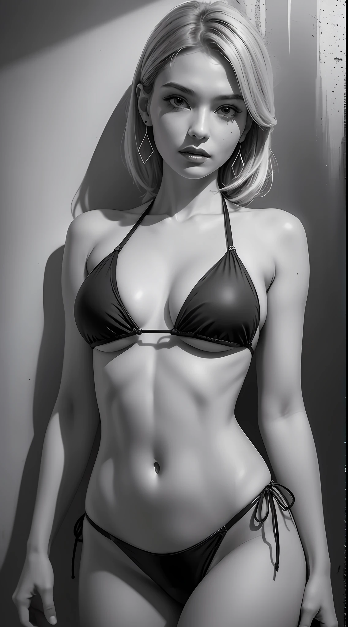 solo, beautiful girl, high precision, downblouse, micro bikini, plain bikini, earrings, silver accessories, monotone, cinematic light, ink wash, pop art, detail enhancement, edge sharpening, texture enhancement, high resolution, high detail, highlight, whimsical, shadow, high contrast, shadow play
