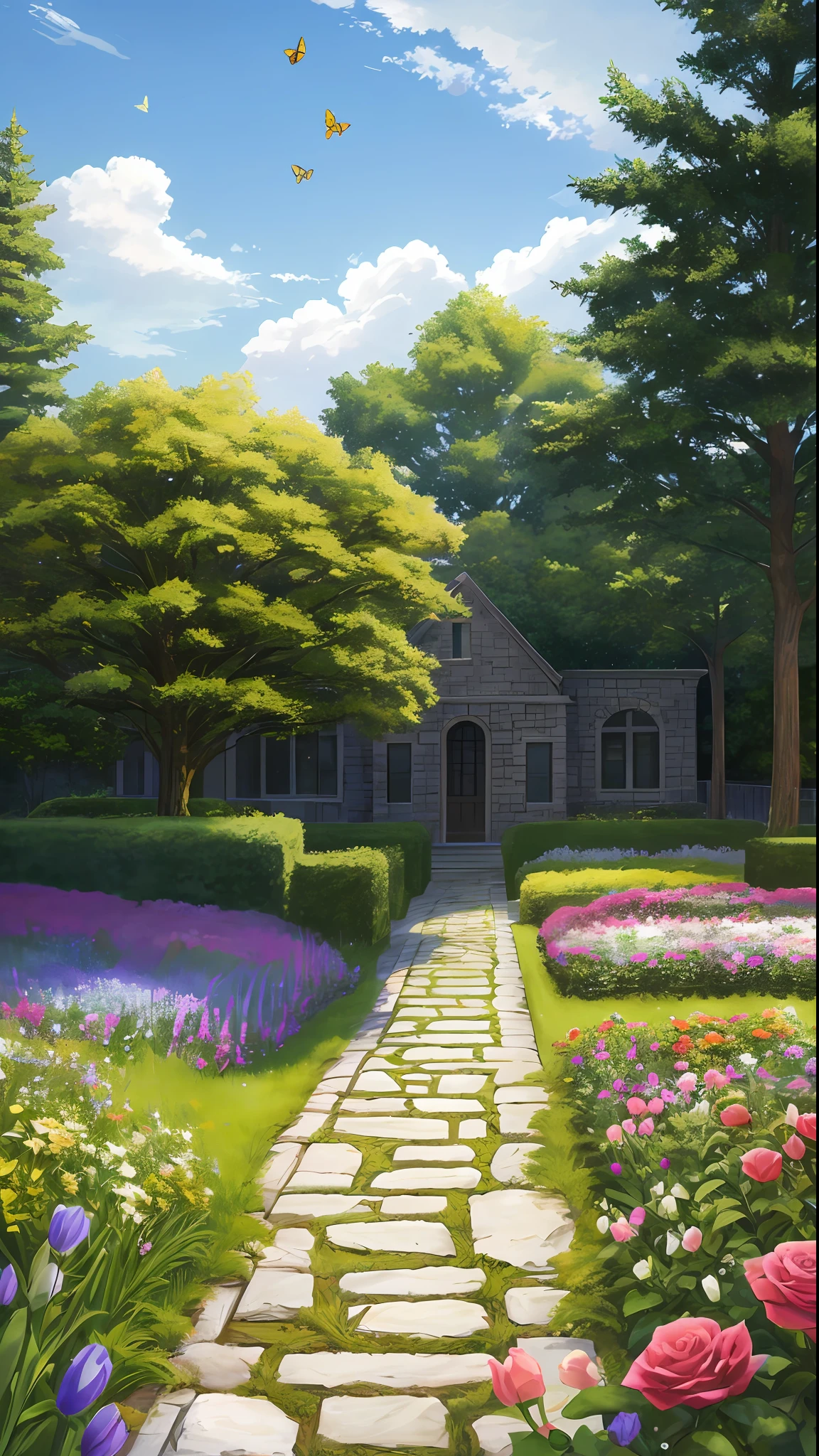 Masterpiece, best quality, no humans, castle garden, trees, summer, flowers, bushes, roses, clouds, sky, stone path, big tree, bees, butterflies, hyperrealistic, detailed background, depth of field, rimlighting, specular highlights, bloom, atmospheric lighting