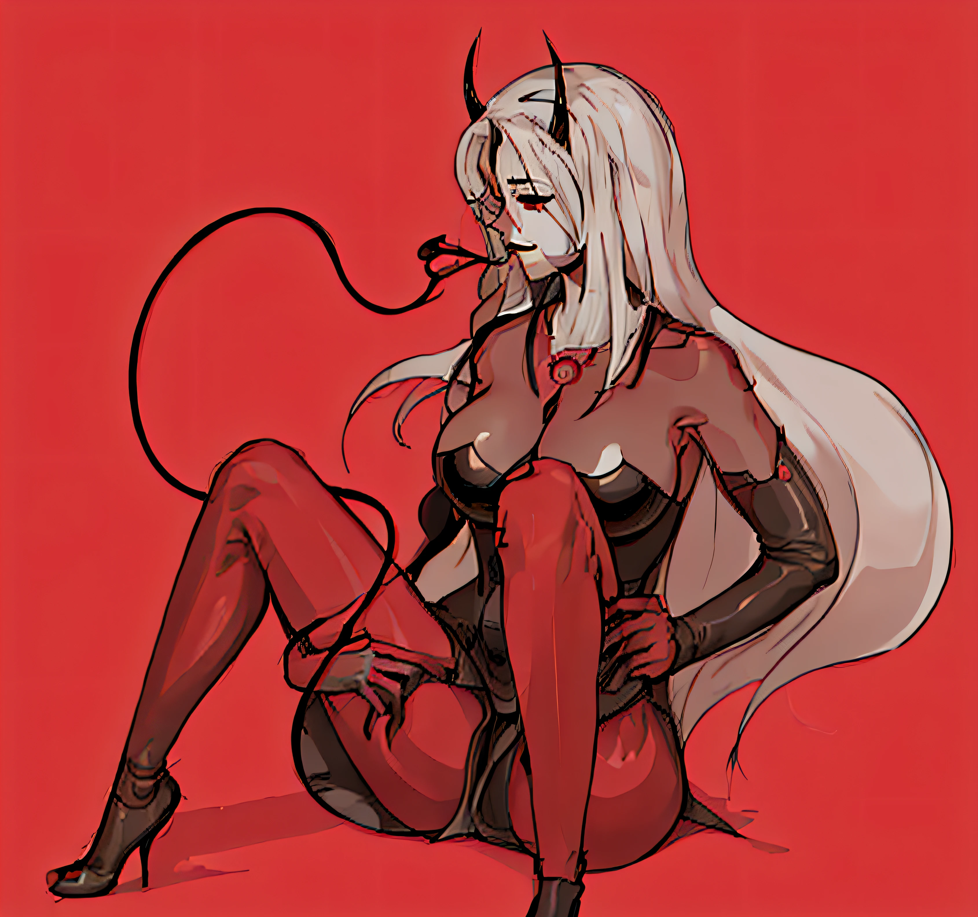 a drawing of a woman with horns sitting on the ground, thick black lineart, thick lineart, succubus in tight short dress, beautiful succubus, demoness, succubus, simple lineart, succubus in sundress portrait, intense line art, bold lineart, thick line art, demon girl, perfect lineart, thick outline, thick outlines