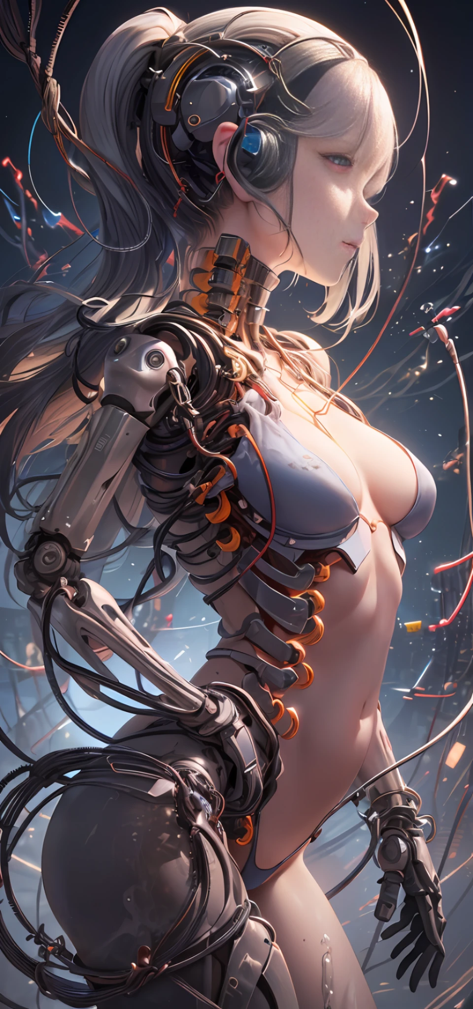 (Masterpiece, top quality, best quality, official art, Beauty and Aesthetics: 1.2), (1 Girl: 1.3), Very Detailed, Colorful, Most Detailed ((Super Detailed)), (Highly Detailed CG Illustration), (Very Delicate and Beautiful), (From the Side Side), Cinematic Lighting, ((1 Mechanical Girl)), Single, Complete, (Machine-Made Joints: 1.2), ((Mechanical Limbs)), (Many Mechanical Tentacles), (Binding), (Real), (Real), (Hips), (Sexy Pose), (Blood Vessels Connected to Tubes), (mechanical vertebrae attached to the back), (real breasts), (real, (exposed, ((mechanical cervical vertebrae attached to the neck)), (legs open), (expressionless, (wires and cables attached to the neck: 1.2), (wires and cables attached to the head: 1.2) (character focus), science fiction, black background, (slime: 1.5)