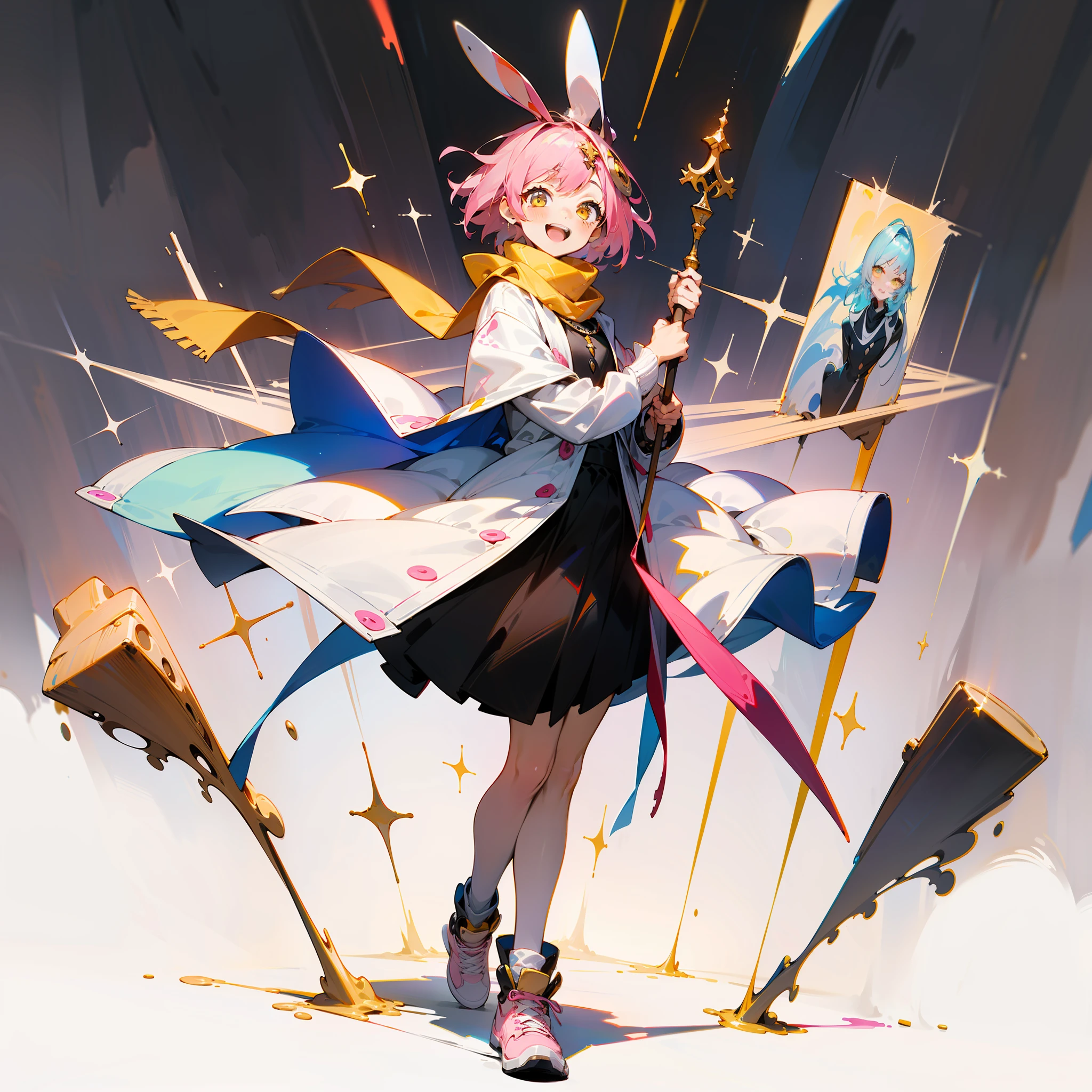 (best quality), {masterpiece}, {very detailed}, {super detailed}, {high resolution}, {absurd}, 1 girl, solo, anime, full body shooting, (pink and white pendulum punk jacket, pink sneakers), (pink short hair yellow eyes), (white simple round background), (standing painting style), pink glow, rabbit icing, stars, standing, lively bouncing, dynamic, (fine beautiful face and eyes), vibrant laugh, cowboy shot, ((full body)), ((rabbit square scarf hair ornament)), Volume lighting, (short girl), (original god standing painting style), the character is the main body