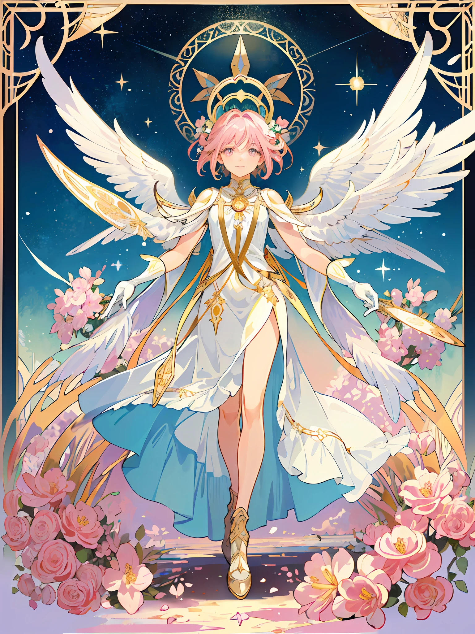 ((masterpiece,best quality)),(1girl, solo:1.4),beautiful detailed eyes, vivid, cinematic light, full_body, pink_flowers, (tarot_card), intricate, detailed background, looking_at_viewer, Madoka Kaname, hands reaching out, (flat chest), (walking), casual pose, posing, (white_gloves), (pink_eyes), white feathers, sparkles, glitter, celestial, outerspace, by alphonse mucha, (gold frame), halo, (tarot border)