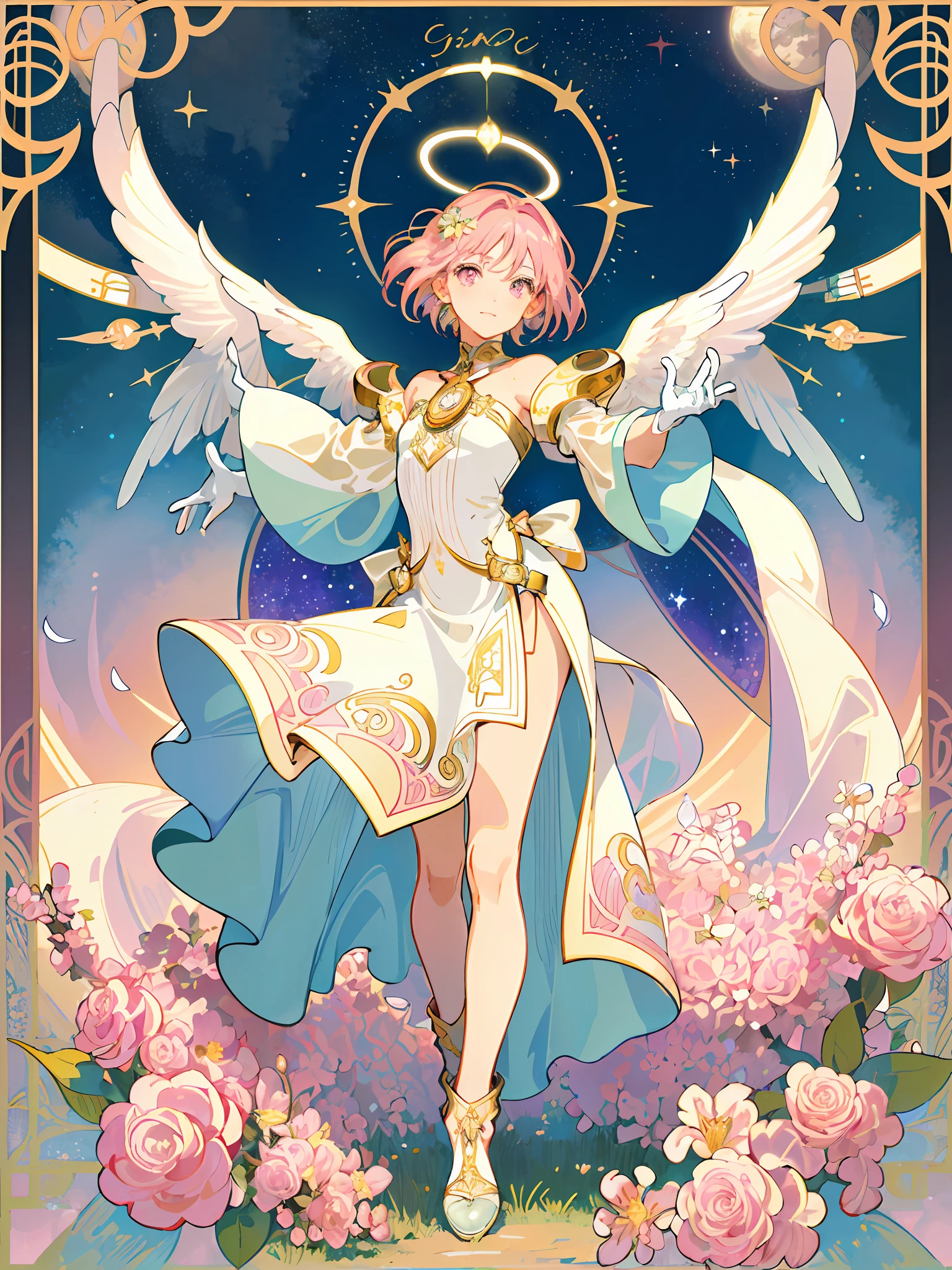 ((masterpiece,best quality)),(1girl, solo:1.4),beautiful detailed eyes, vivid, cinematic light, full_body, pink_flowers, (tarot_card), intricate, detailed background, looking_at_viewer, Madoka Kaname, hands reaching out, (flat chest), (walking), casual pose, posing, (white_gloves), (pink_eyes), white feathers, sparkles, glitter, celestial, outerspace, by alphonse mucha, (gold frame), halo, (tarot border)