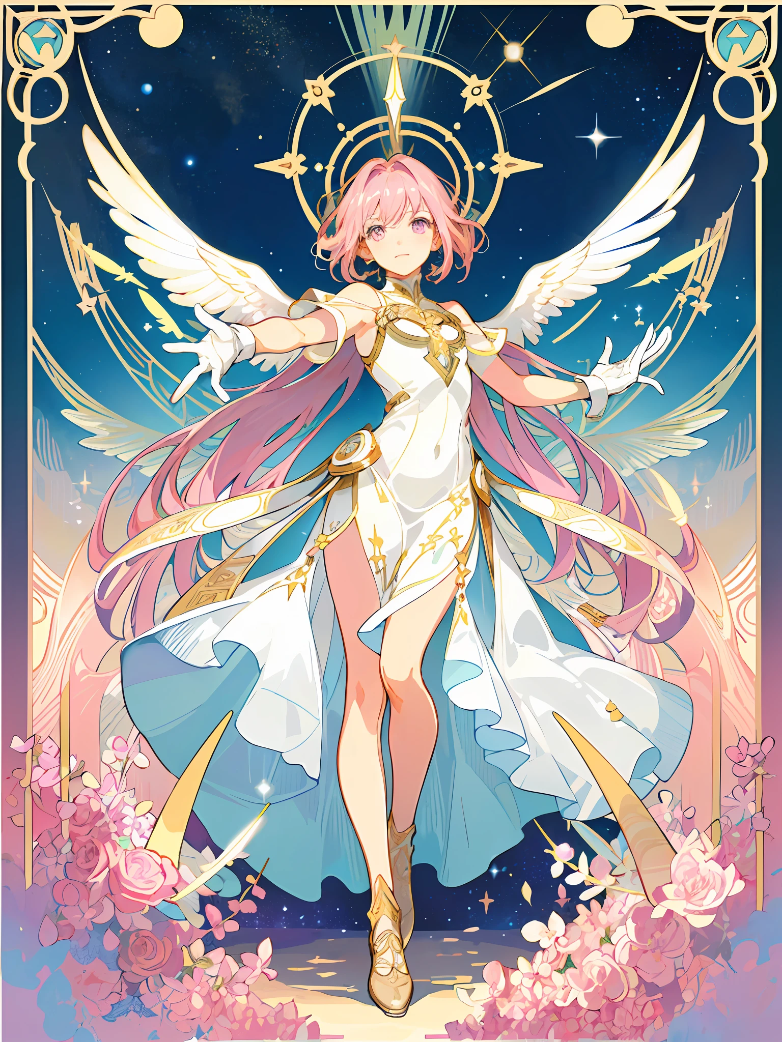 ((masterpiece,best quality)),(1girl, solo:1.4),beautiful detailed eyes, vivid, cinematic light, full_body, pink_flowers, (tarot_card), intricate, detailed background, looking_at_viewer, Madoka Kaname, hands reaching out, (flat chest), (walking), casual pose, posing, (white_gloves), (pink_eyes), white feathers, sparkles, glitter, celestial, outerspace, by alphonse mucha, (gold frame), halo, (tarot border)