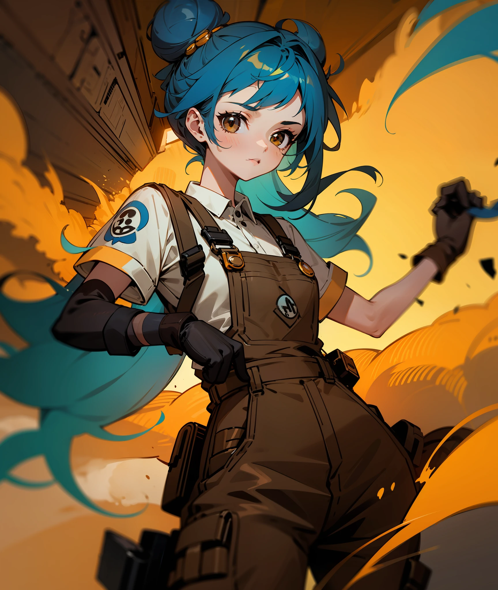 1girl, blue hair, long hair, hair in buns, brown overalls, messy hair, brown eyes, goggles, brown gloves, confident, energetic, engineer, cute