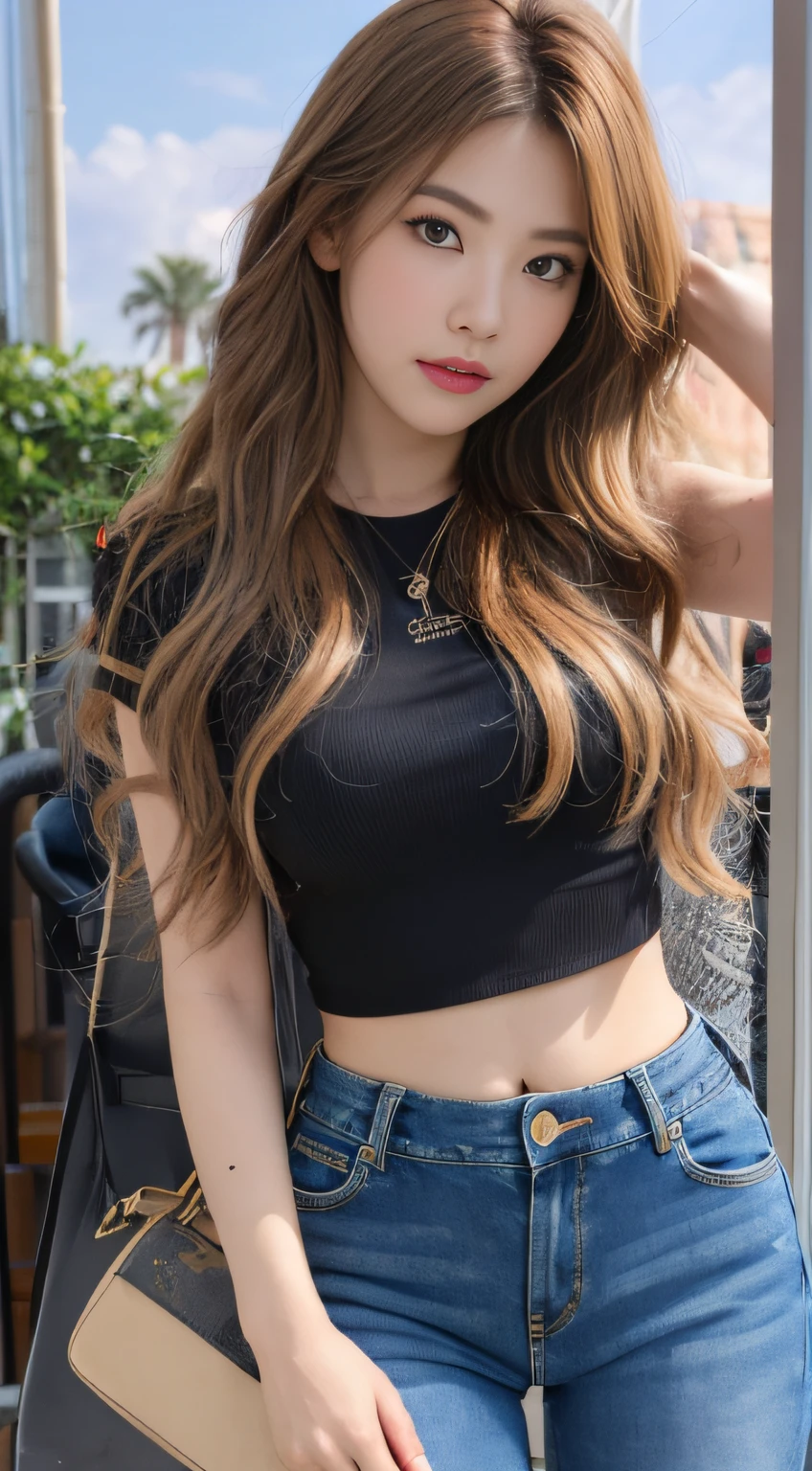 (Model Shoot Style), Girl ((T-shrt, Jeans Hot Pants)), (Shy), 1girl, Solo, Brown and Curly and Messy Hair, Highly Detailed Face, Beautiful Eyes, [Chubby], Adorable, Rosy Cheeks and Bright and Sad Eyes, Stunningly Beautiful, (Rembrandt Lighting), Zeiss Lens, Ultra Realistic, (High Detail Skin: 1.2), 8k UHD, DSLR, Dramatic Rim Light, High Quality, Fujifilm XT3, Santa Monica Beach (Daytime)