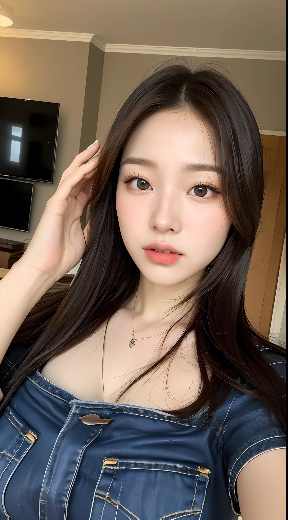 ((Midnight, Acura, 8K, Masterpiece: 1.3)), Full Body, Long Legs, Focal Length: 1.2, Perfect Body Beauty: 1.4, Slim Abs: 1.1, ((Dark Brown Hair, Big Breasts: 1.0)), (Slim White T-shirt, Denim Biggets, Playing, Handheld Video Game: 1.2), ((Home, Bedroom, Living Room: 1.3)), Highly Detailed Facial and Skin Texture, Detailed Eyes, Double Eyelids