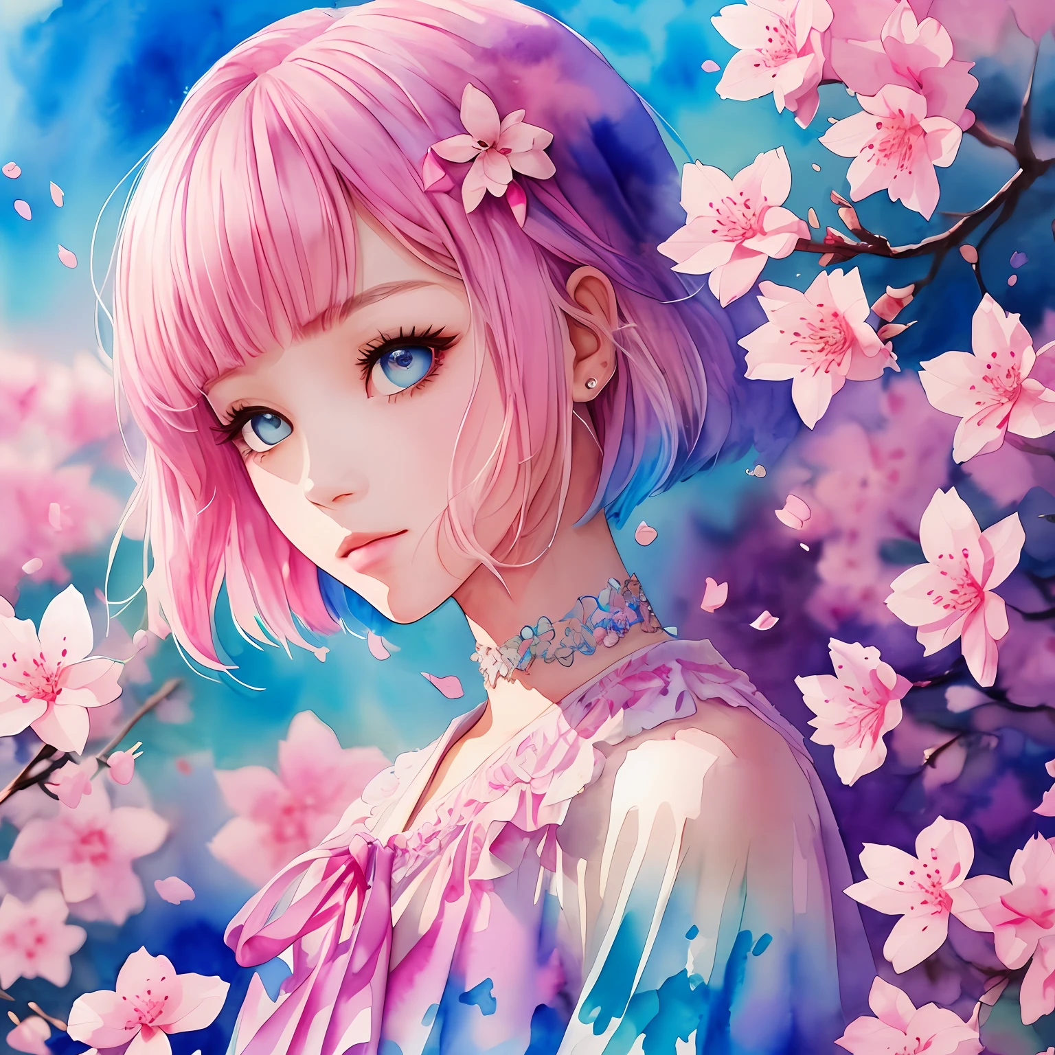 (Best Quality), (Masterpiece: 1.2), (Colorful: 0.9), (Ink Splash), (Color Splash), (Watercolor)), Sharp Focus, (Portrait Summer Goddess: 1.5), Cute Look, Elegant Pink Haircut, Beautiful and Detailed Face and Eyes, Elegant Clothes, Cherry Blossom Background, Colored Water