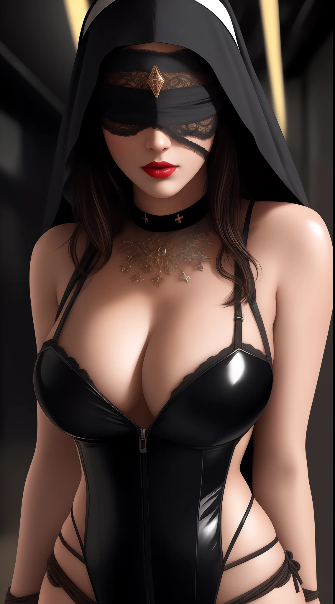 Close-up, a beautiful girl, latex nun's clothes, cleavage, short black hair, big breasts, lipstick, deus ex aesthetics, in a room teeming with neon signs, tied with ropes, blindfolded. deep color, intricate, 8k resolution concept art, natural lighting, beautiful composition, sharp focus, studio photo, intricate details, highly detailed, depth of field, sharp focus, high detail, realistic skin texture, realistic, photorealistic, digital art, matte painting, masterpiece, best quality, (masterpiece), (best quality: 1.4), (ultra highres: 1.2), (hyper-realistic: 1.4), (photorealistic: 1.2)